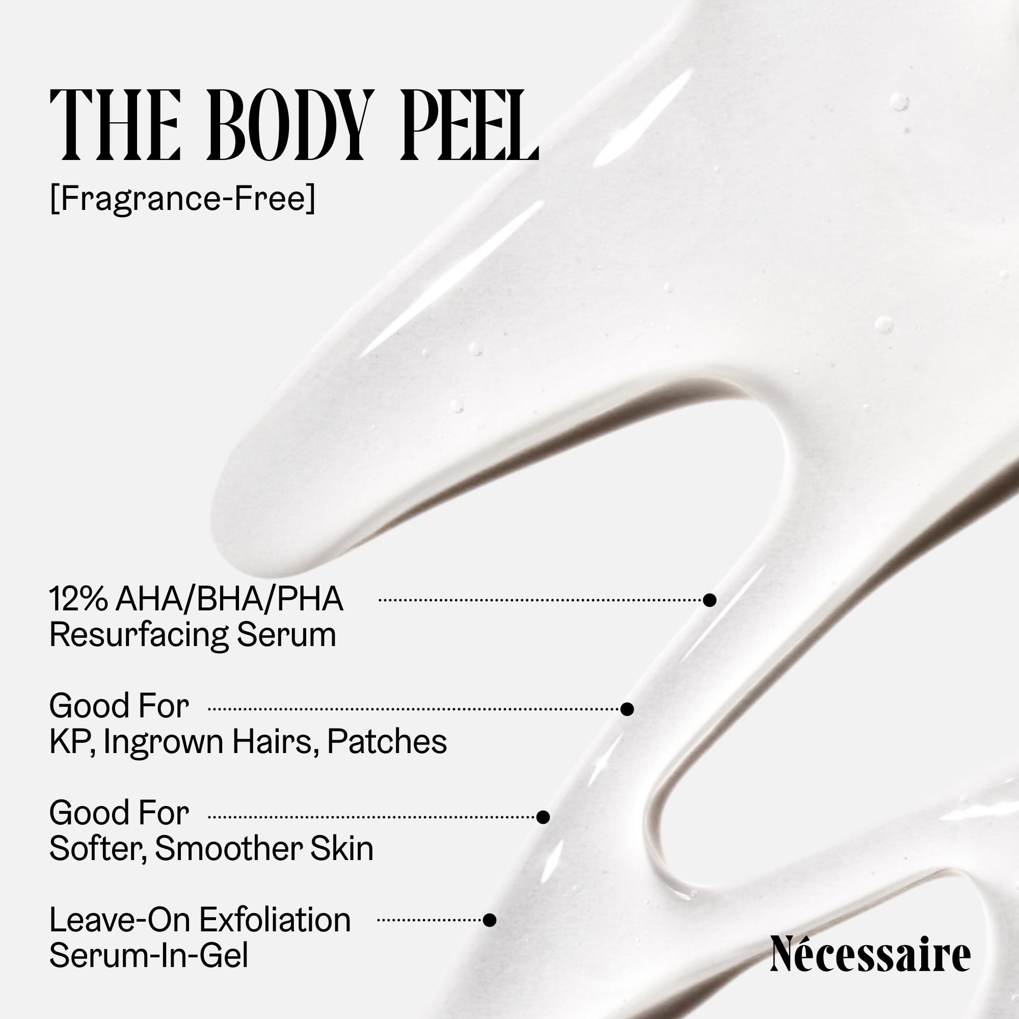 Nécessaire Body Peel application on skin demonstrates leave-on nightly use.