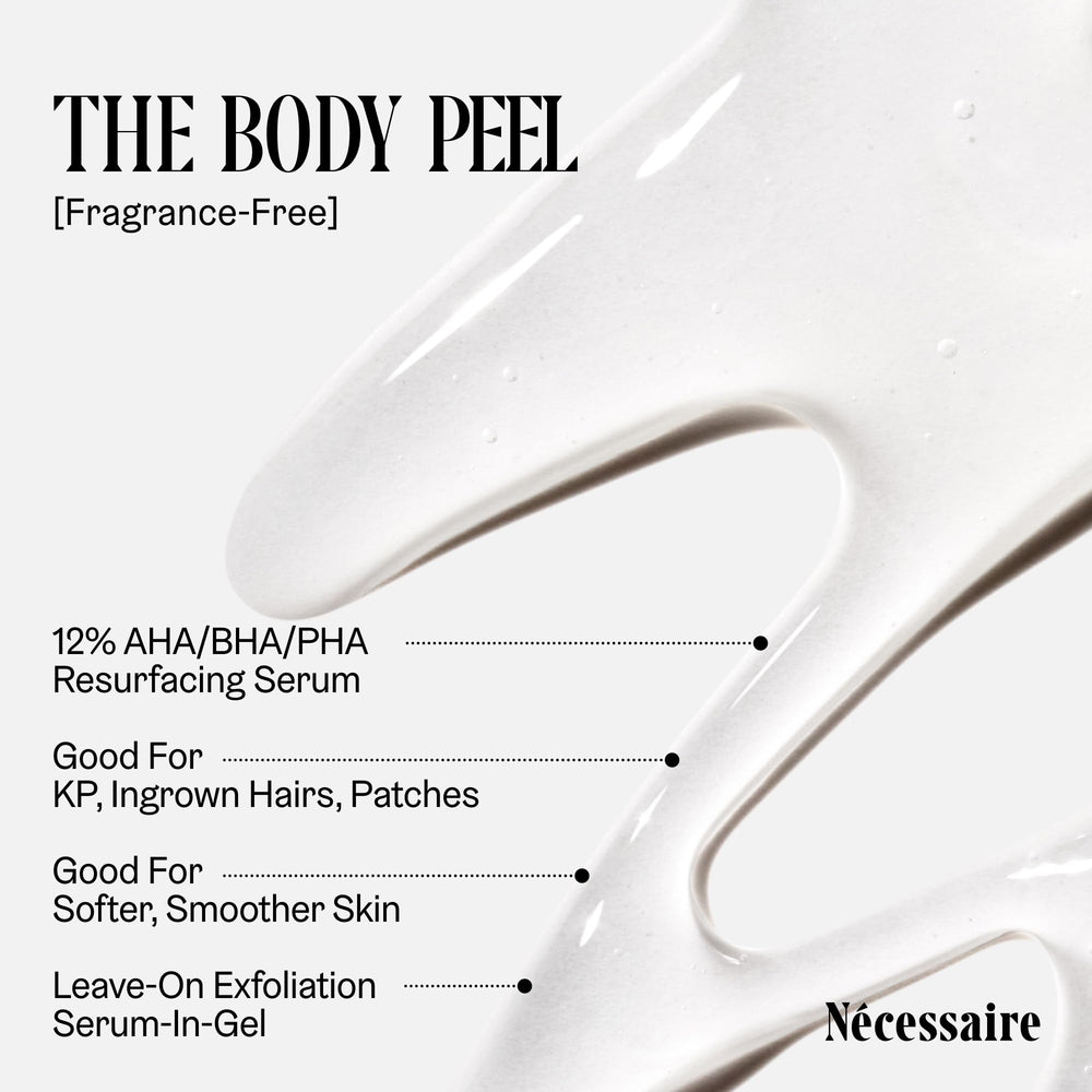 Nécessaire Body Peel application on skin demonstrates leave-on nightly use.