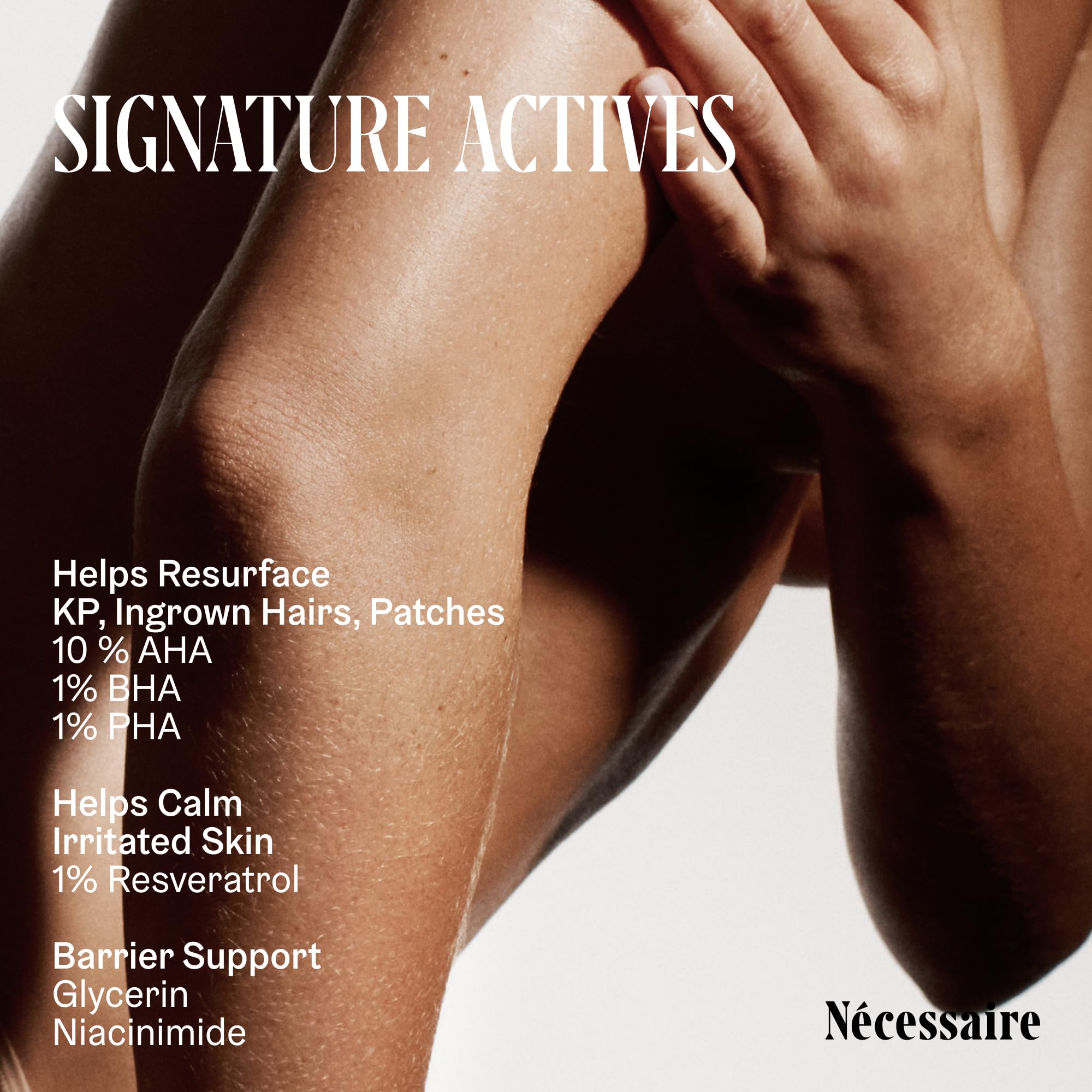 Nécessaire Body Peel ingredients panel shows AHA/BHA/PHA blend for exfoliation visuals.
