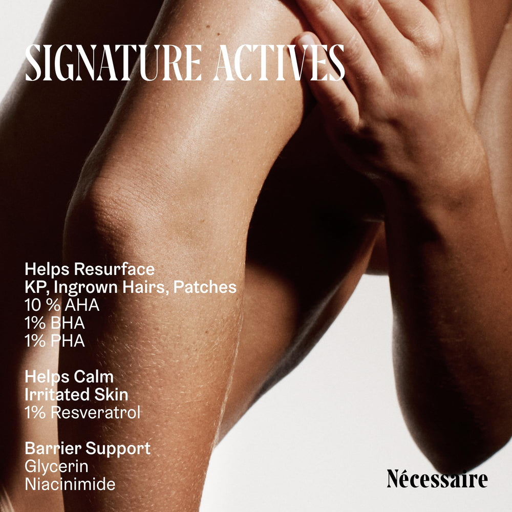 Nécessaire Body Peel ingredients panel shows AHA/BHA/PHA blend for exfoliation visuals.
