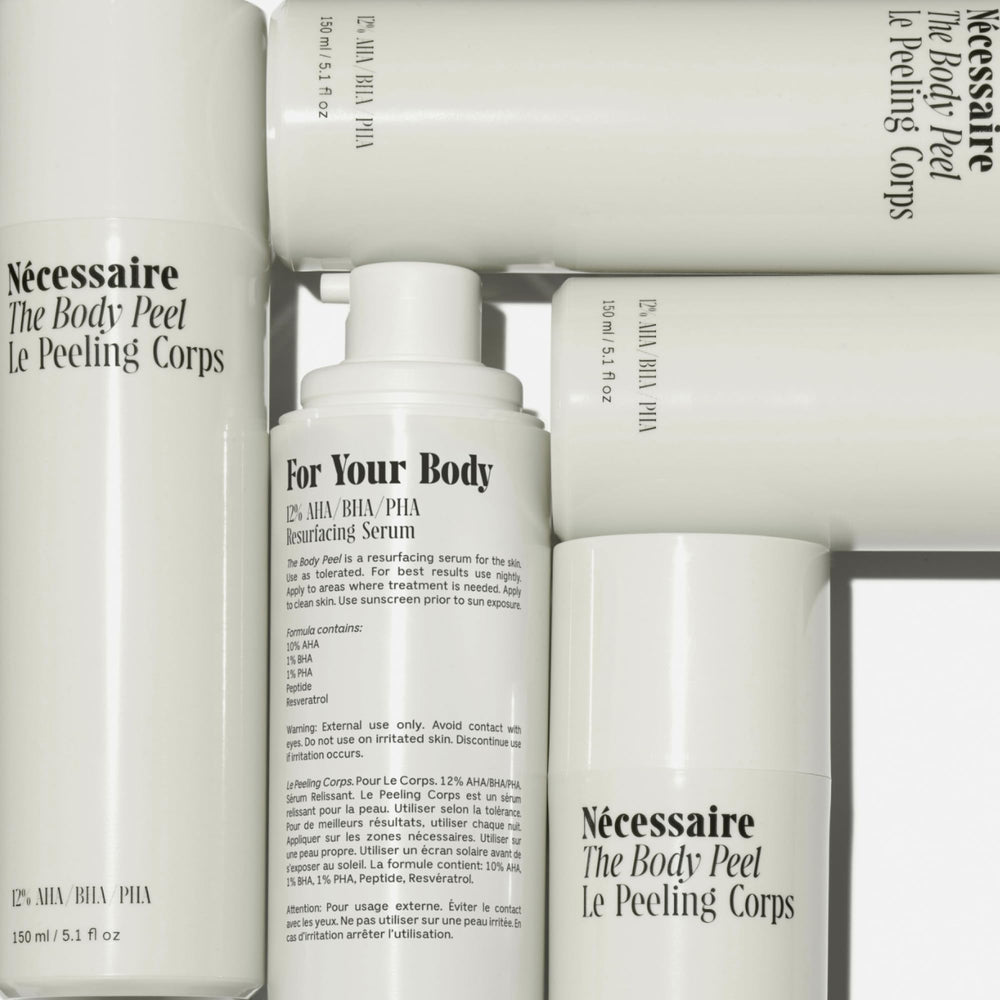 Nécessaire Body Peel airless bottle packaging highlights eco-friendly design preserving formula stability.