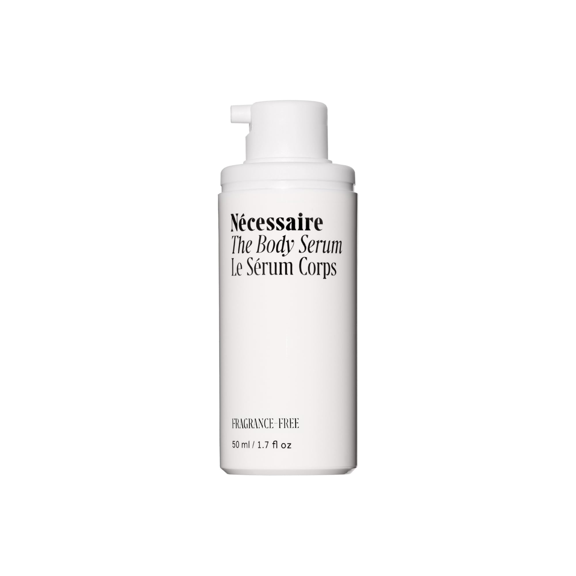 Nécessaire The Body Serum bottle with pump offers fragrance-free hydration for sensitive skin.