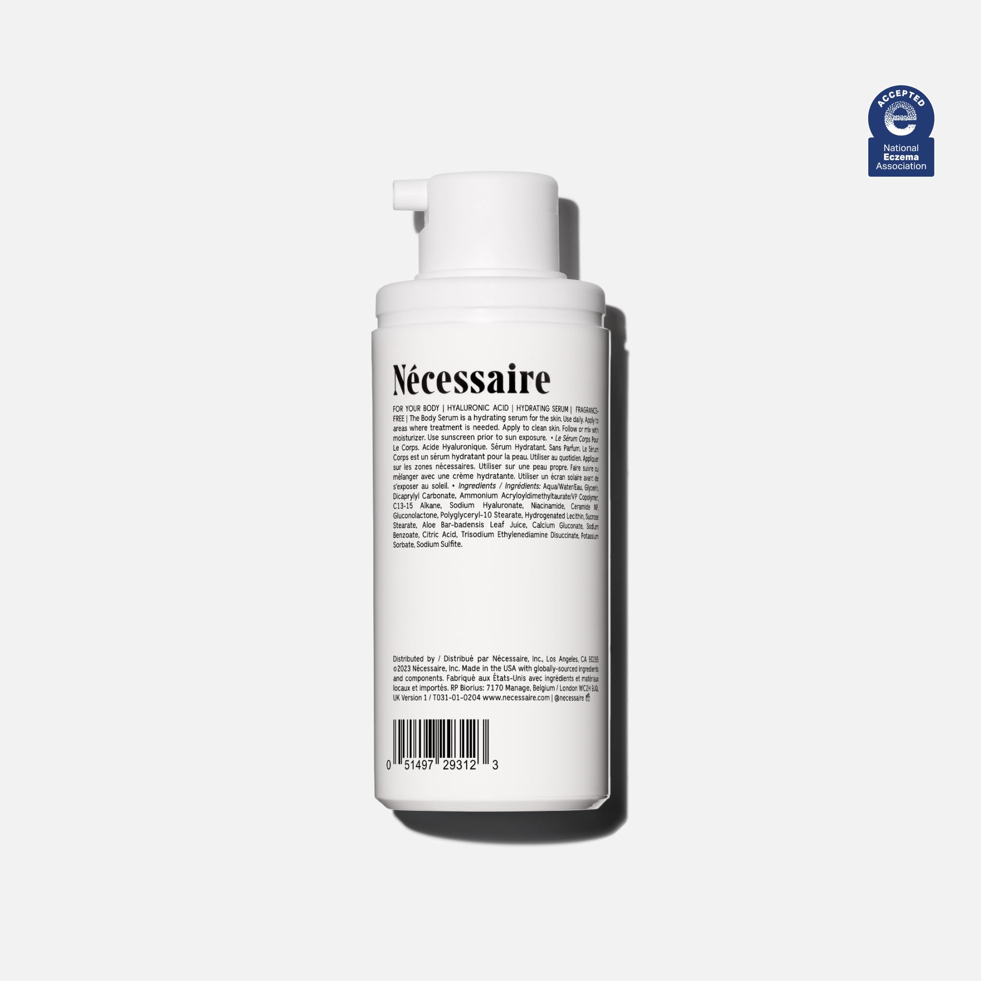 Nécessaire The Body Serum packaging highlights fragrance-free, dermatologist-tested design.