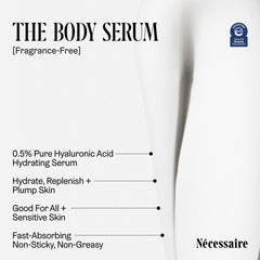 Nécessaire The Body Serum texture close-up shows a lightweight, fast-absorbing formula.