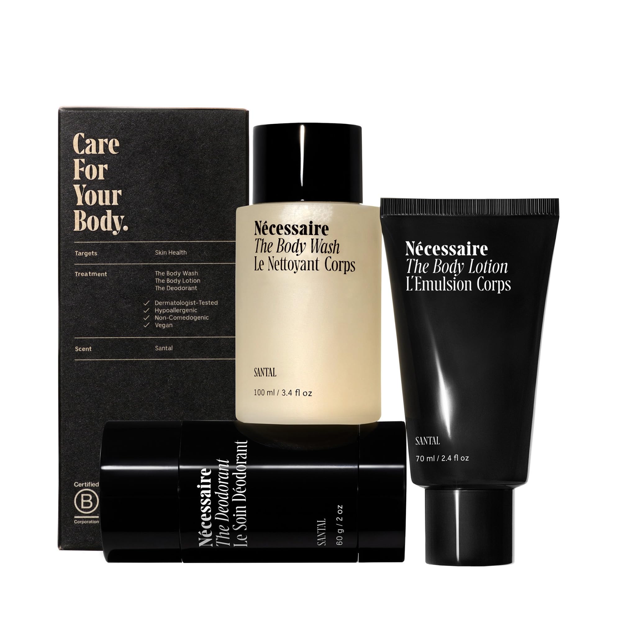 Nécessaire Body Wash bottle showcasing the Santal-inspired scent and cleansing action.