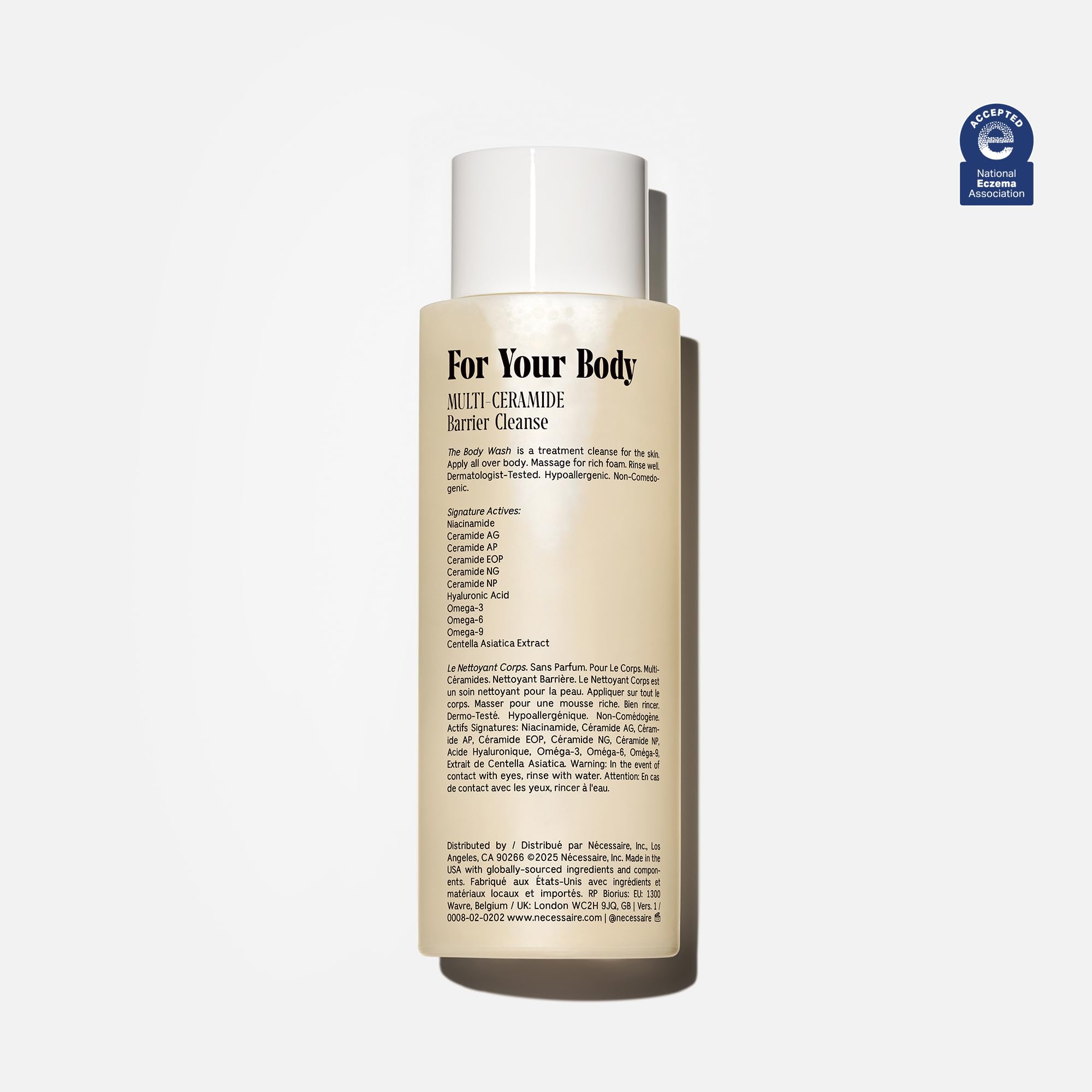 Nécessaire The Body Wash ingredients close-up featuring ceramides and niacinamide for barrier care.