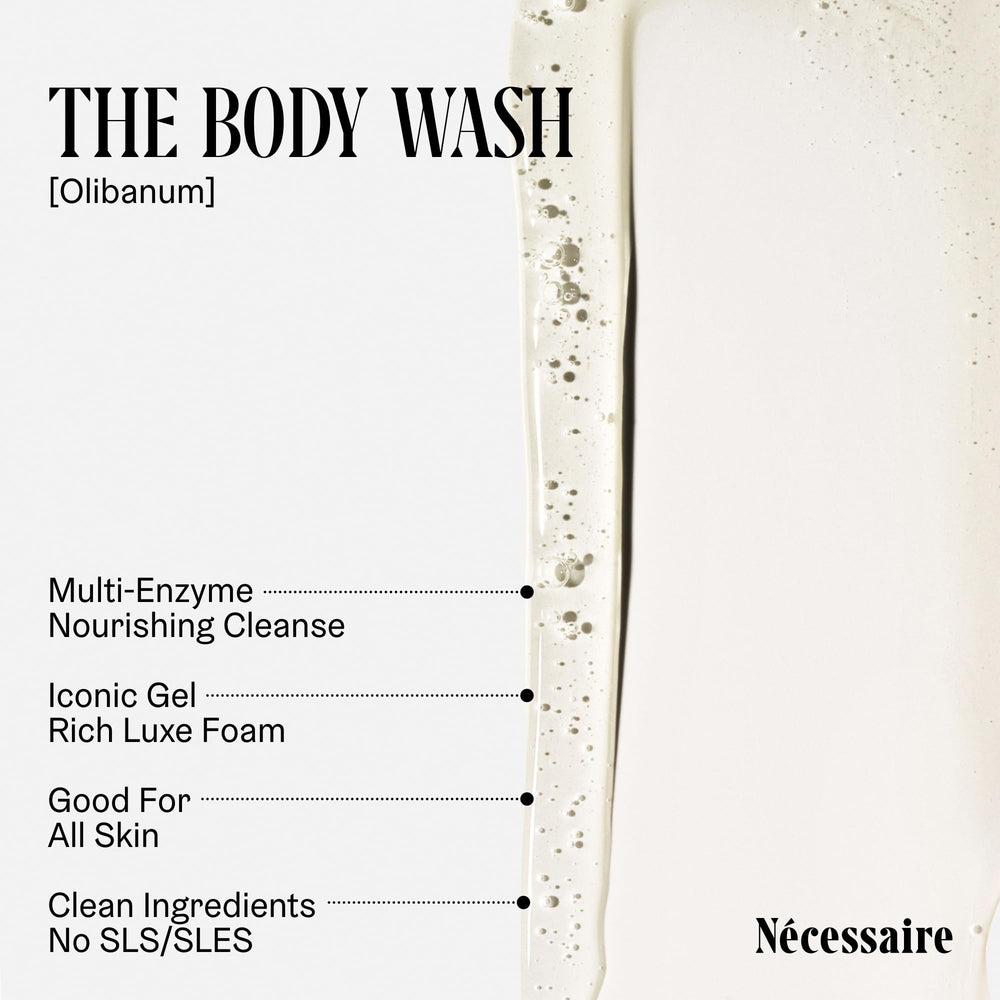 Nécessaire Body Wash Olibanum foam demonstrates rich lather for a gentle cleanse.
