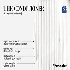 Nécessaire The Conditioner texture on fingers emphasizes silky detangling relief.