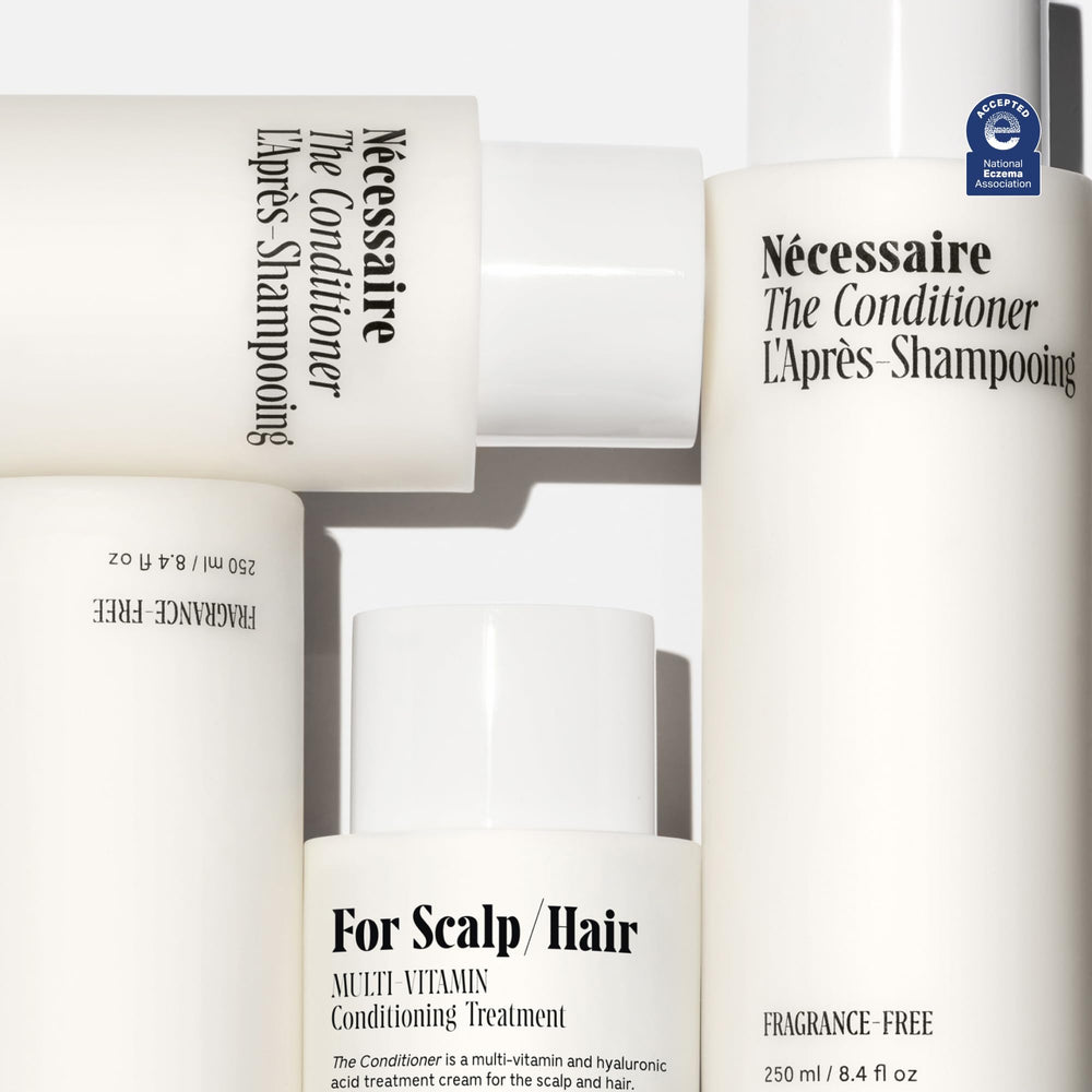Nécessaire The Conditioner hyaluronic acid illustration highlights plump, hydrated strands.