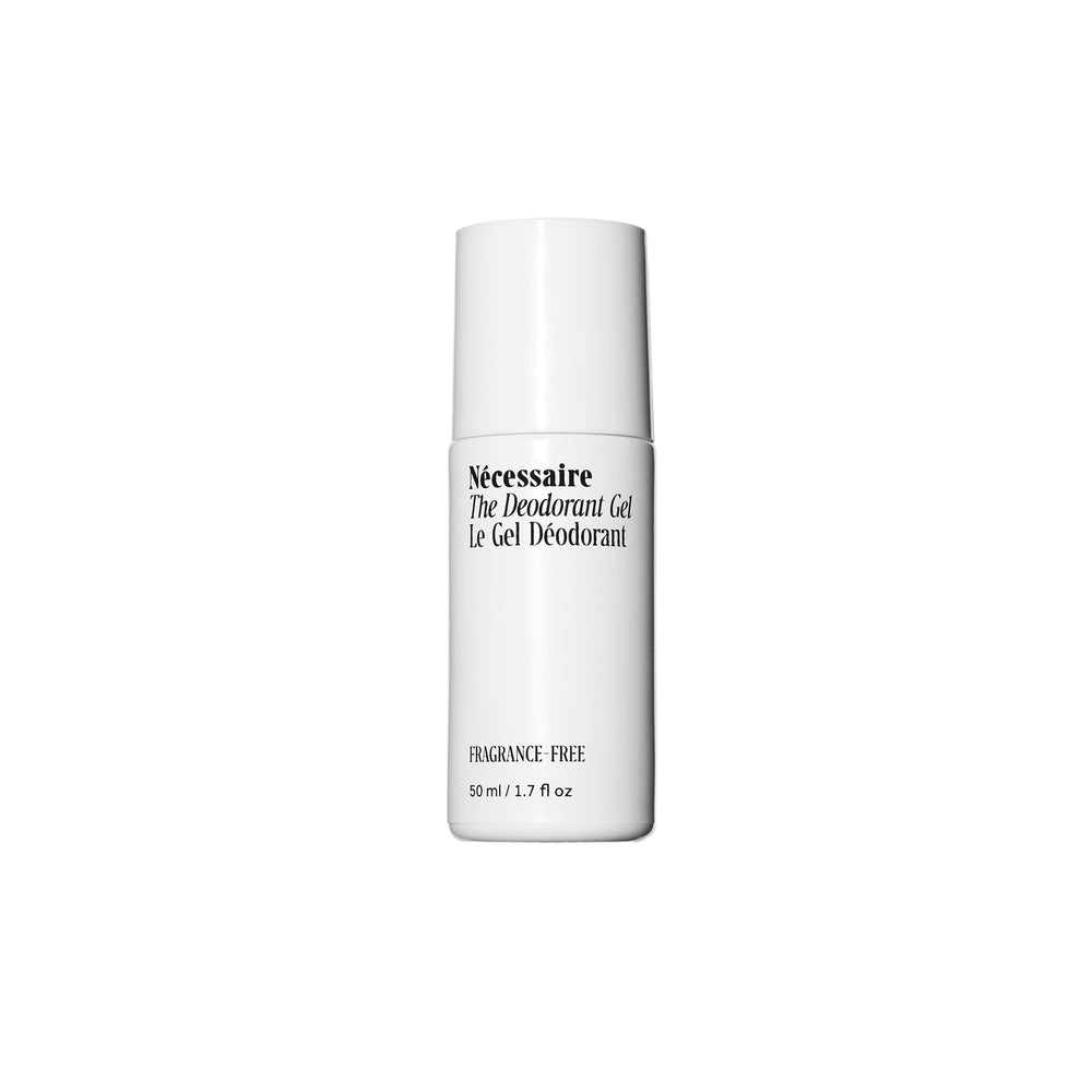 Nécessaire Deodorant Gel bottle closeup showing 5% AHA for gentle odor management.