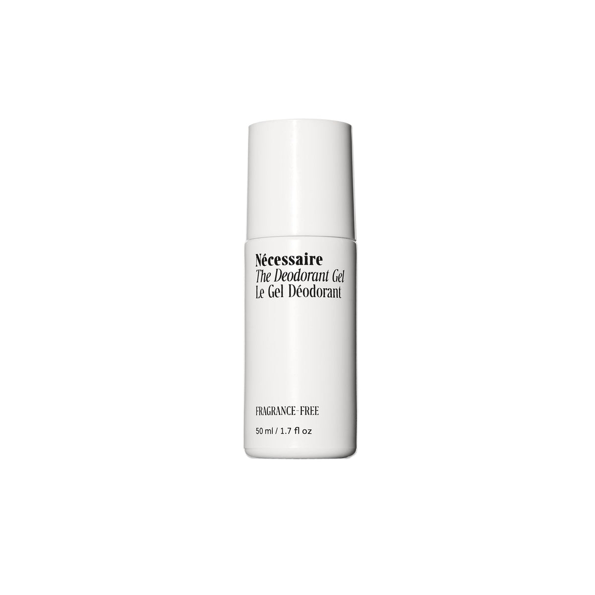 Nécessaire Deodorant Gel bottle closeup showing 5% AHA for gentle odor management.