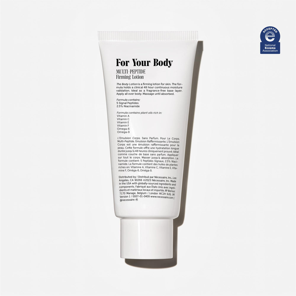 Nécessaire fragrance-free body lotion label close-up highlights fragrance-free formula
