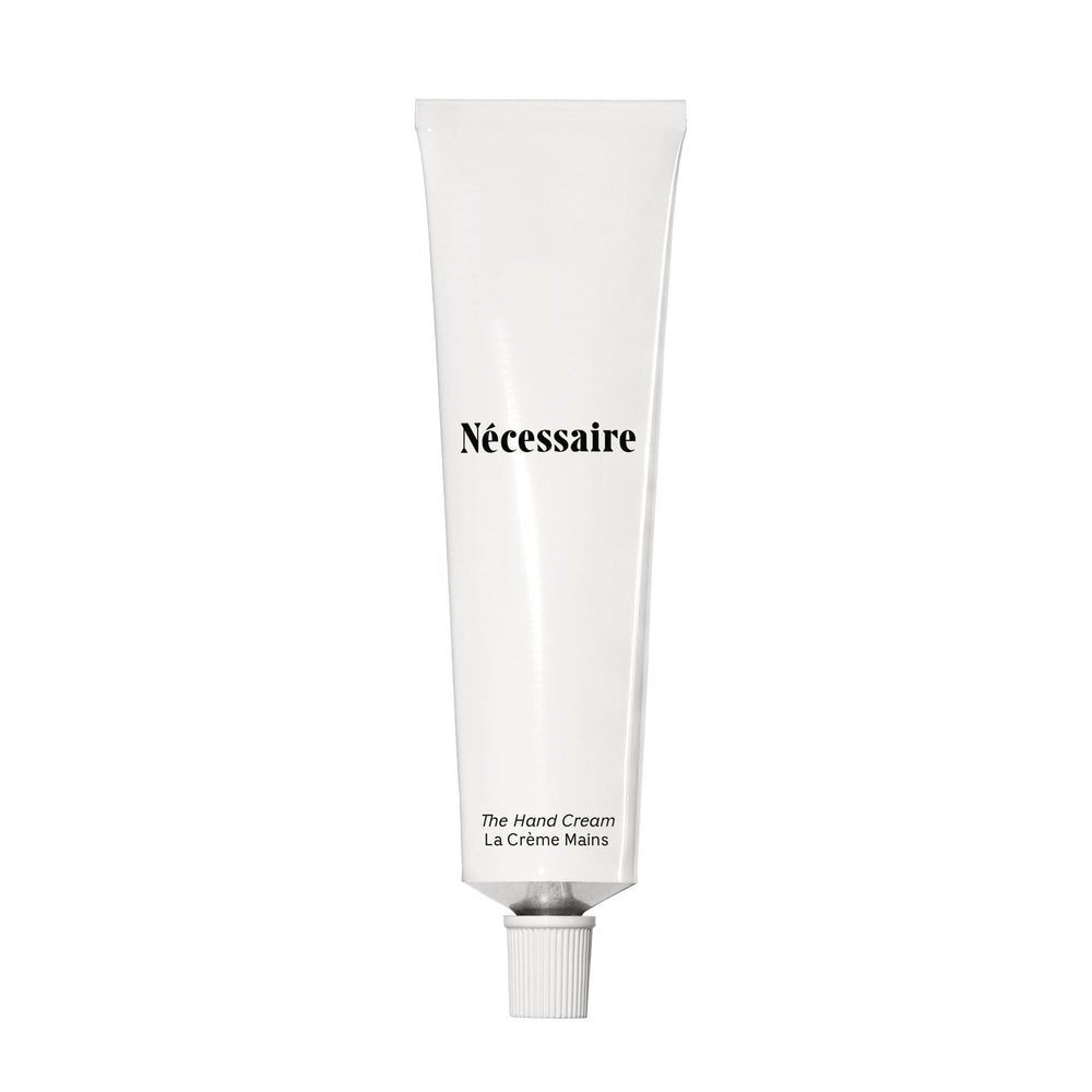 Nécessaire Hand Cream tube closeup showing fragrance-free formula for sensitive skin