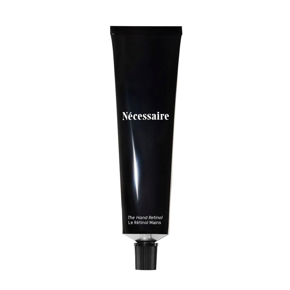 Nécessaire Hand Retinol bottle-dispense demonstrates a convenient night hand care routine.