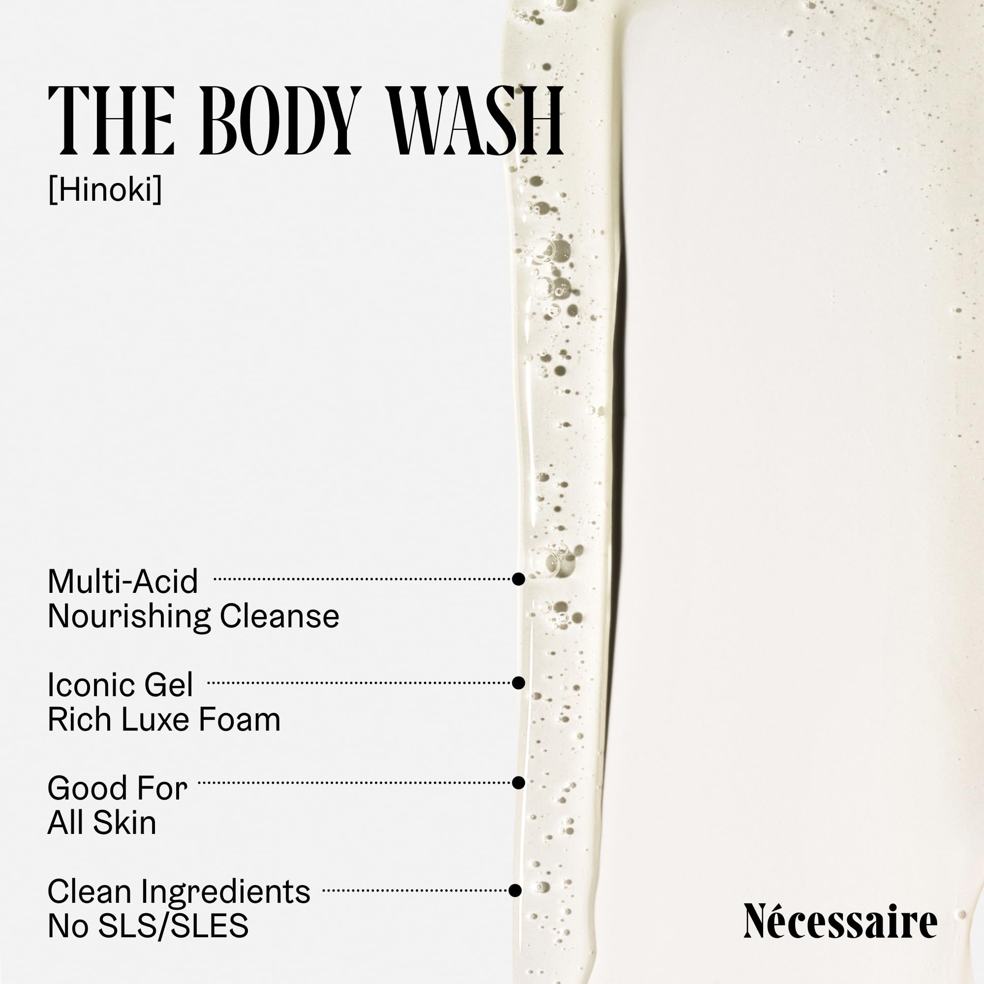 Nécessaire Hinoki body wash lather close-up shows creamy texture and softness