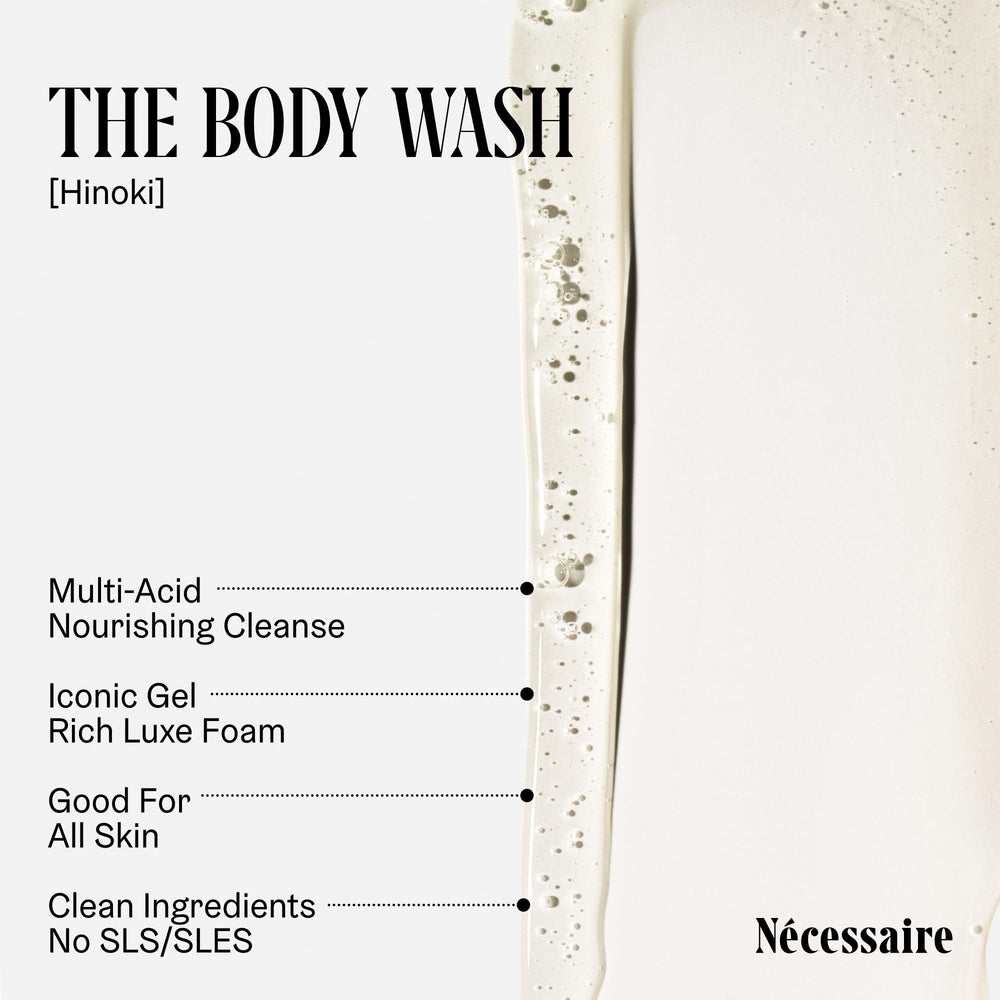 Nécessaire Hinoki body wash lather close-up shows creamy texture and softness