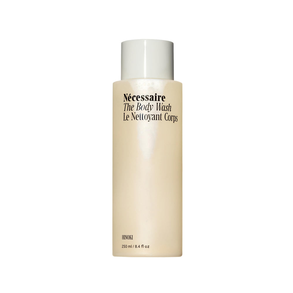 Nécessaire Hinoki body wash bottle front showcases minimalist packaging for daily cleansing.