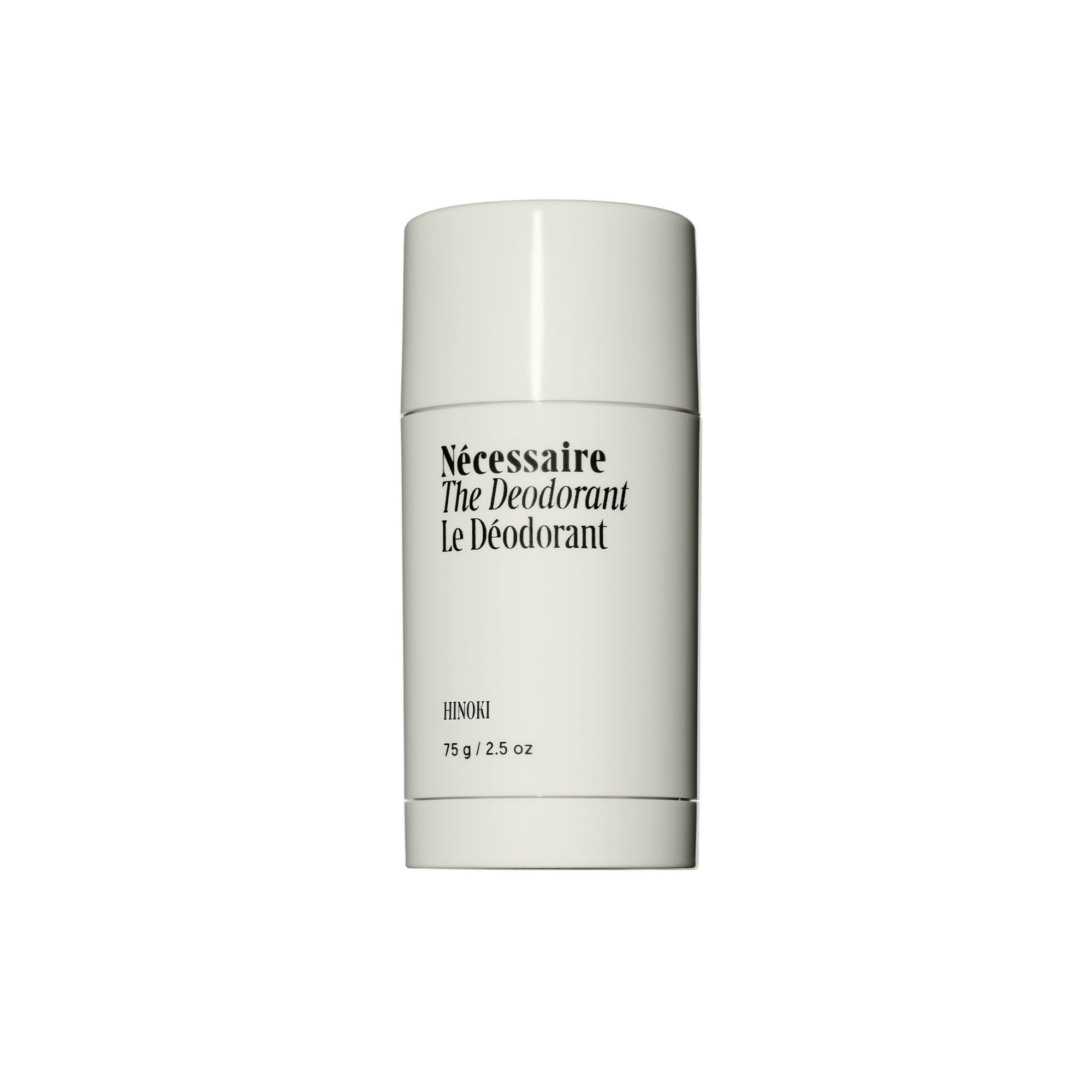 Nécessaire Hinoki deodorant bottle front shows aluminum-free daily freshness.