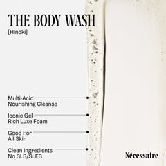 Nécessaire Hinoki wet shower scene conveys spa-like routine with gentle cleanse.