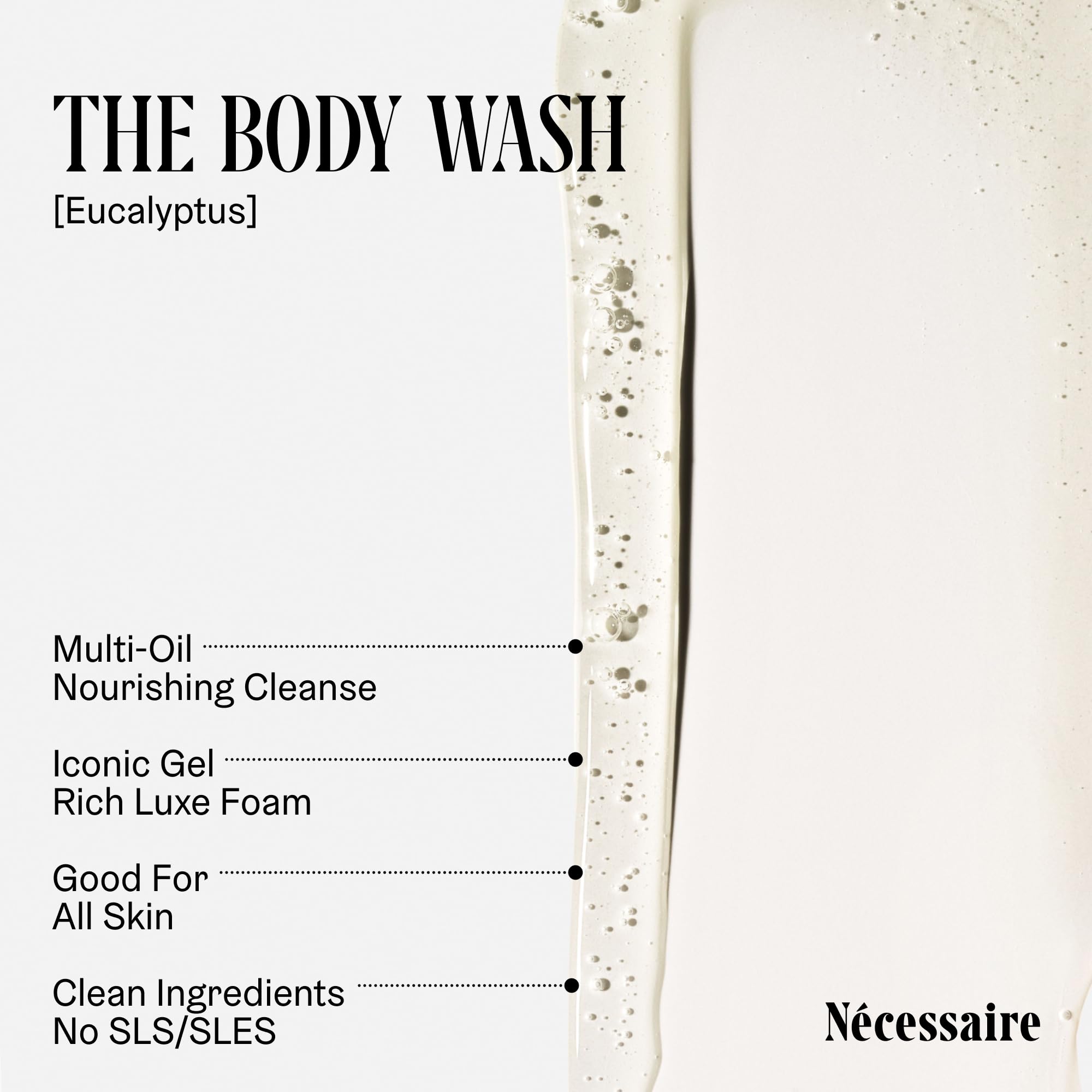 Nécessaire Mini The Body Wash Eucalyptus foam close-up illustrating soothing lather.