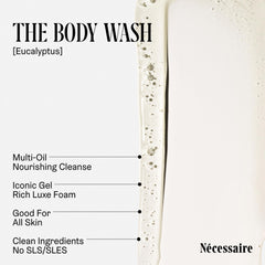 Nécessaire Mini The Body Wash Eucalyptus foam close-up illustrating soothing lather.