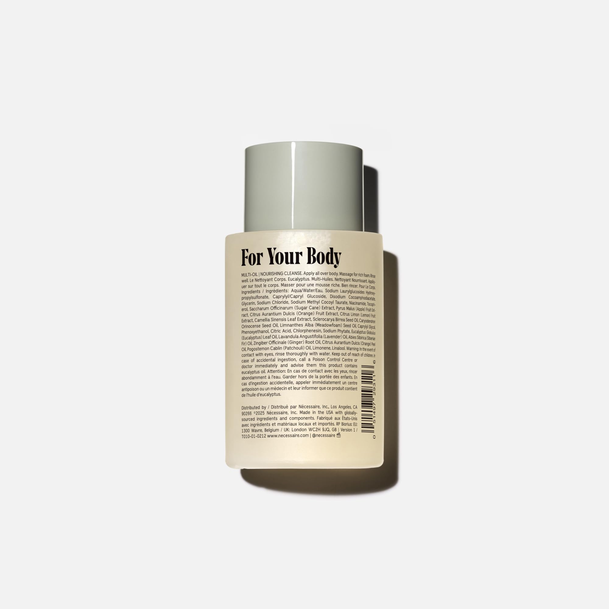 Nécessaire Mini The Body Wash Eucalyptus label close-up highlighting niacinamide benefits.