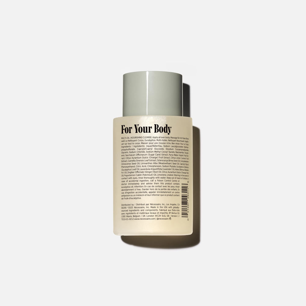 Nécessaire Mini The Body Wash Eucalyptus label close-up highlighting niacinamide benefits.