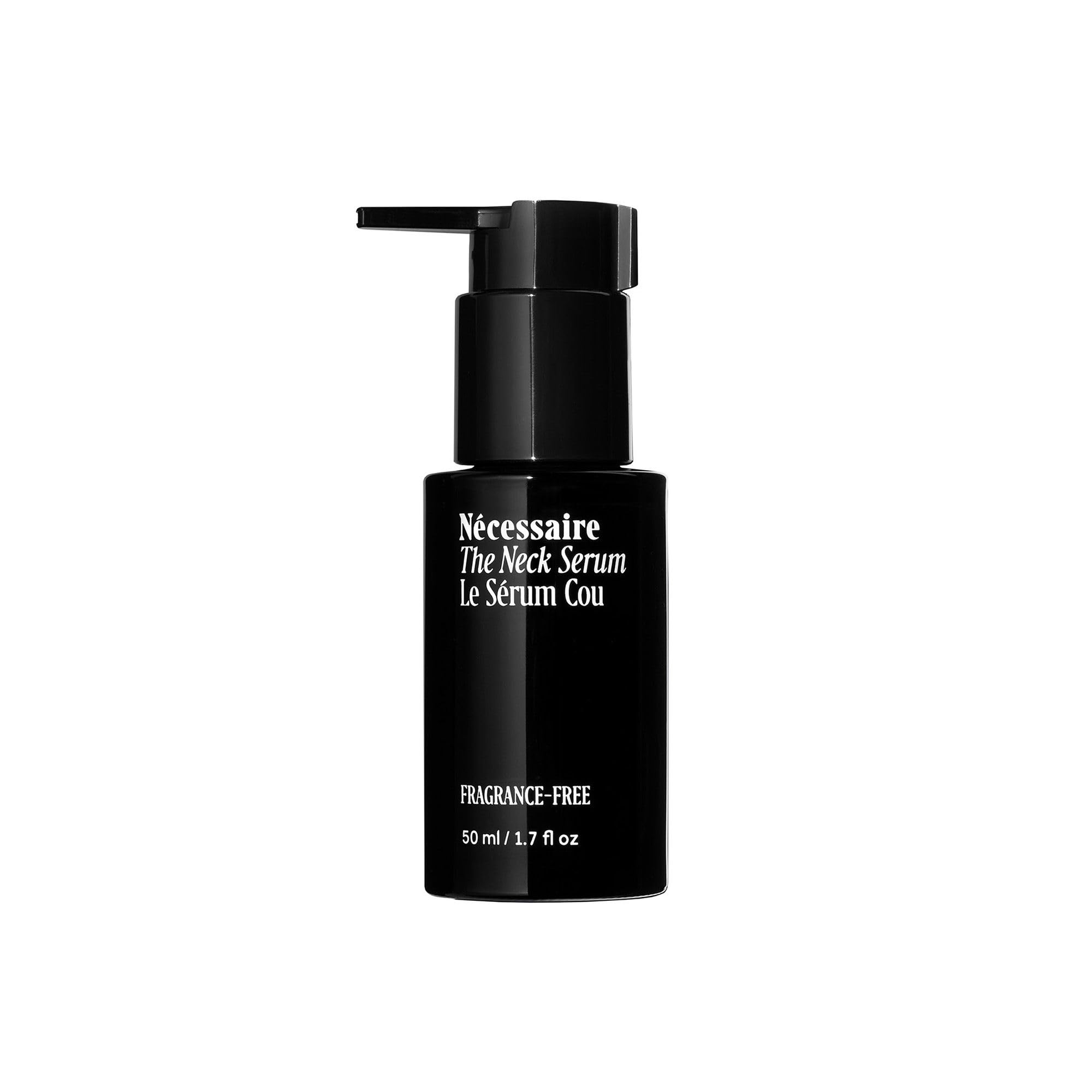 Nécessaire The Neck Serum bottle closeup shows fragrance-free formula for sensitive skin
