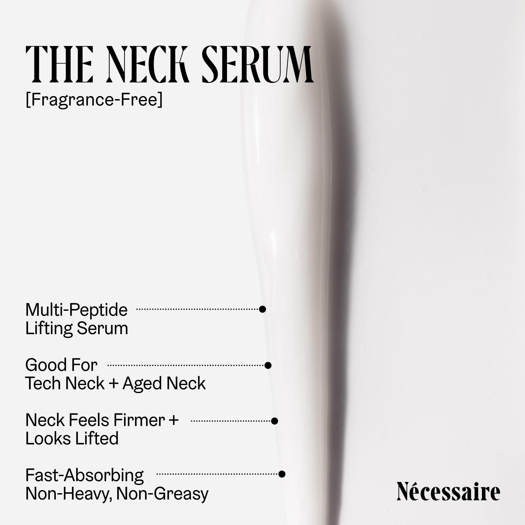 Label on Nécessaire neck serum highlights fragrance-free and hypoallergenic features