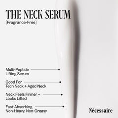 Label on Nécessaire neck serum highlights fragrance-free and hypoallergenic features