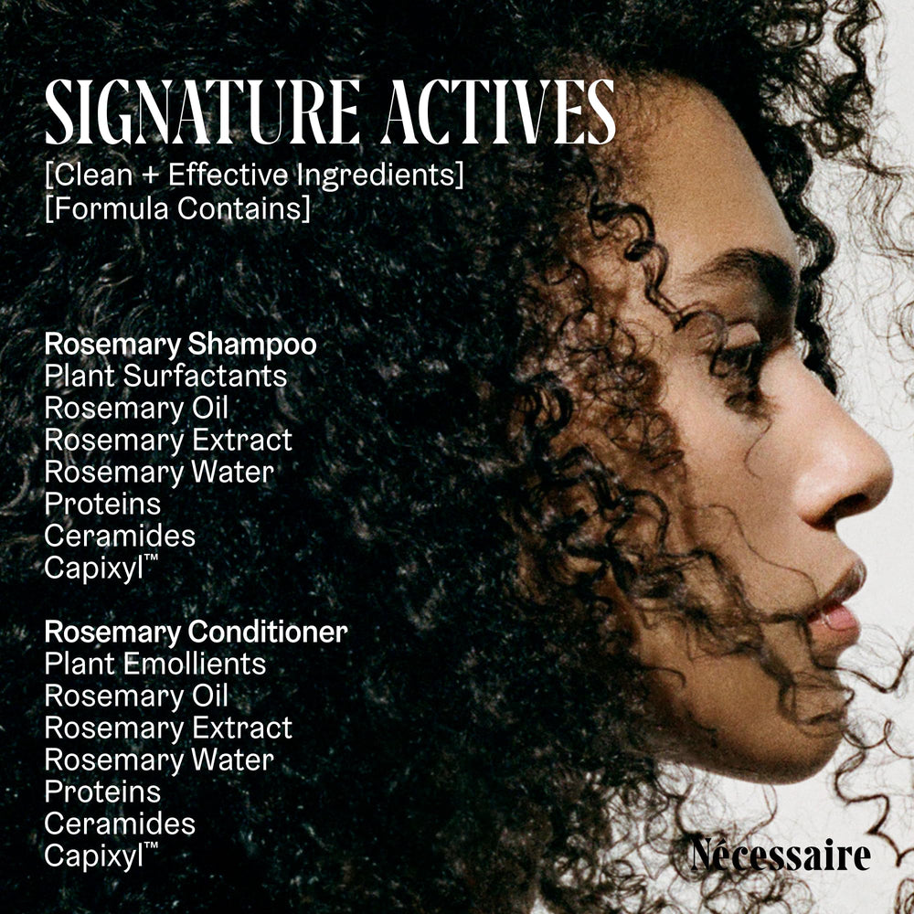 Nécessaire Rosemary ingredients graphic emphasizes proteins and ceramides for stronger strands.