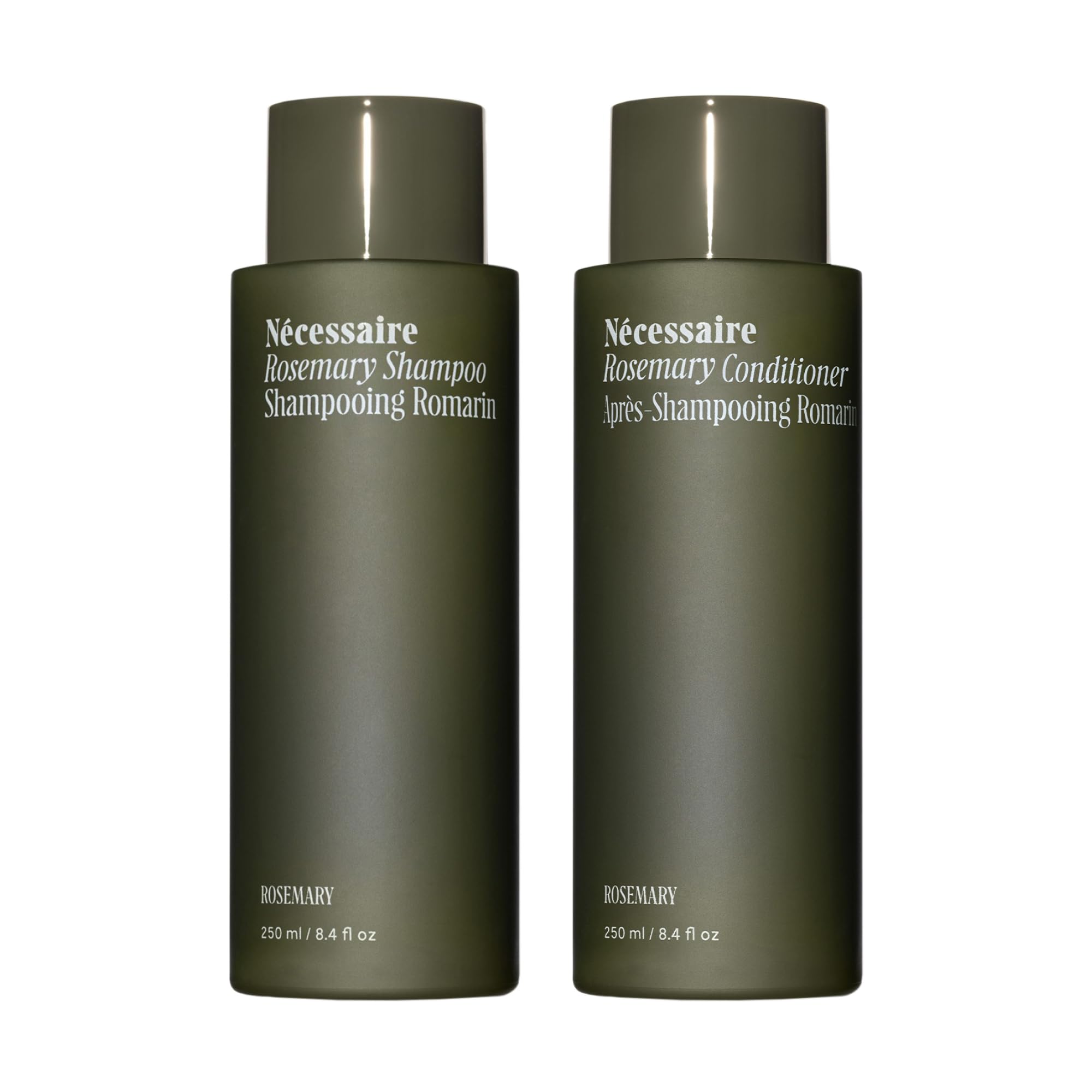 Nécessaire Rosemary Shampoo bottle shows a strengthening formula for thinning hair.