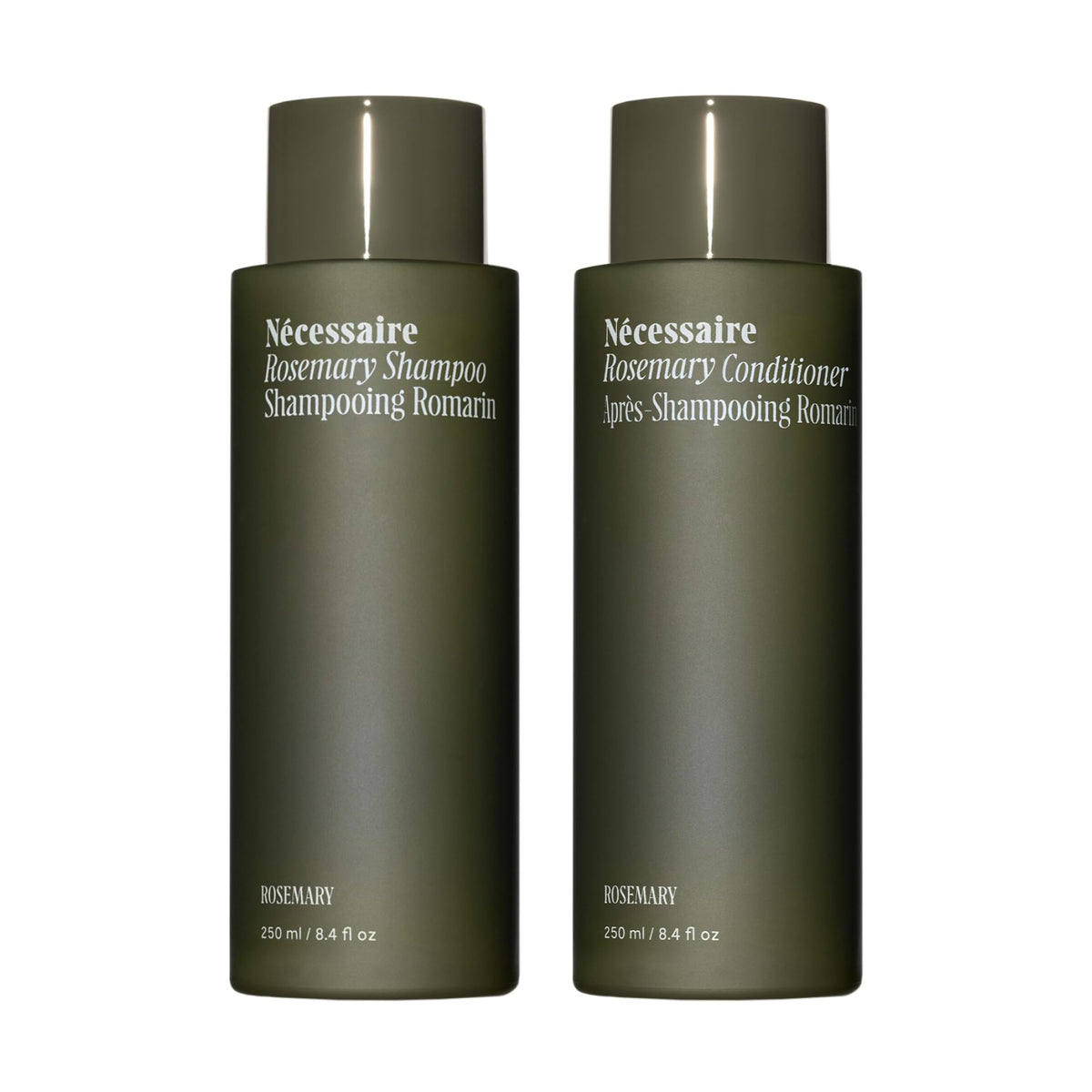 Nécessaire Rosemary Shampoo bottle shows a strengthening formula for thinning hair.