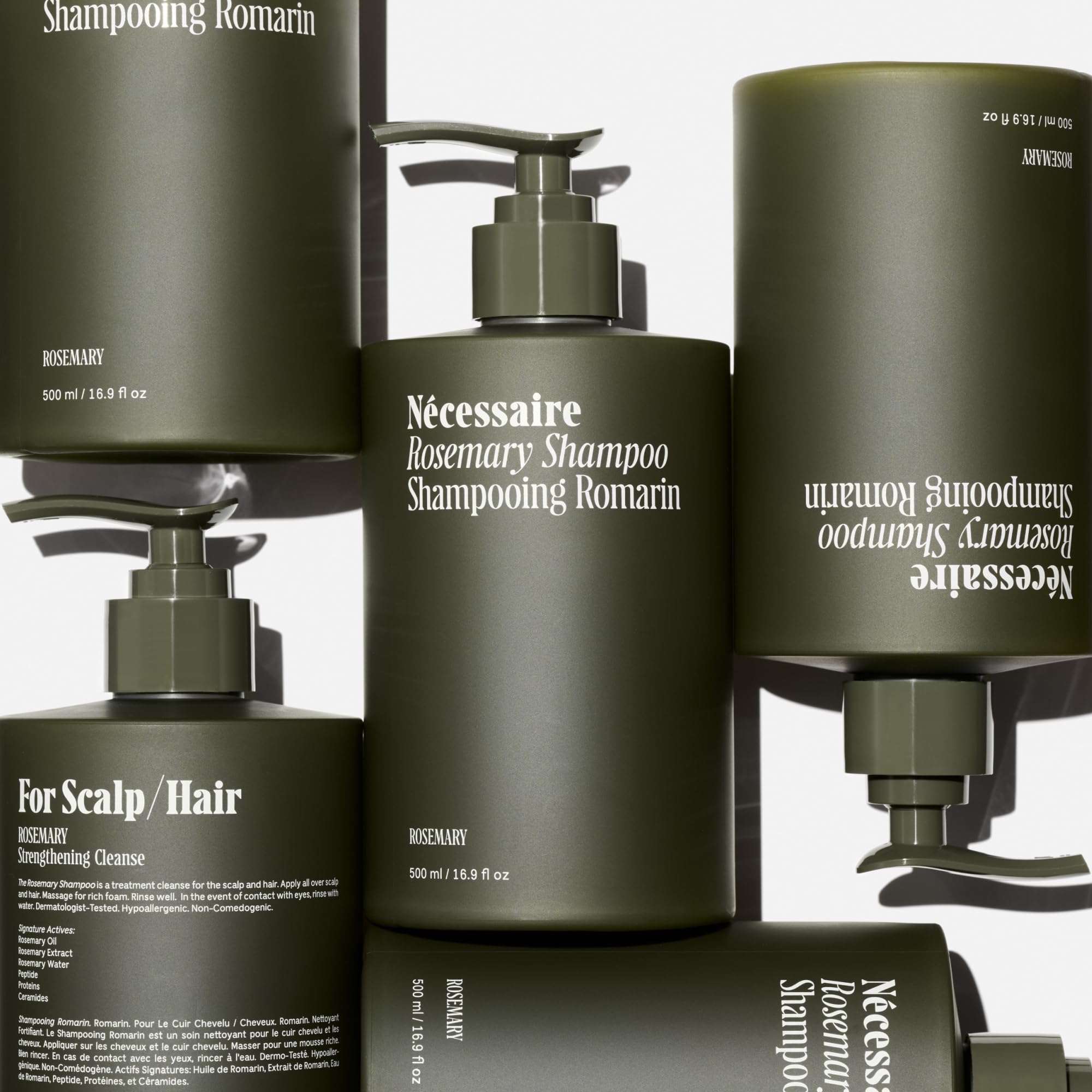 Nécessaire Rosemary Shampoo ingredients close-up highlighting rosemary, ceramides, proteins.