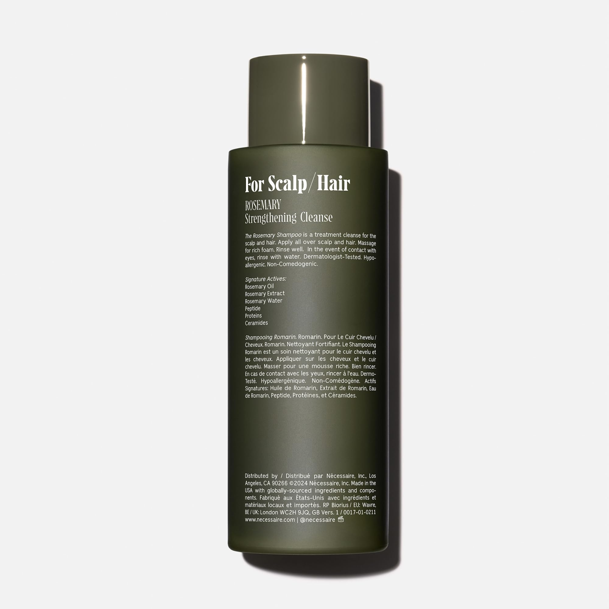 Nécessaire Rosemary Shampoo lather closeup, emphasizing non-drying cleansing with plant-based surfactants.