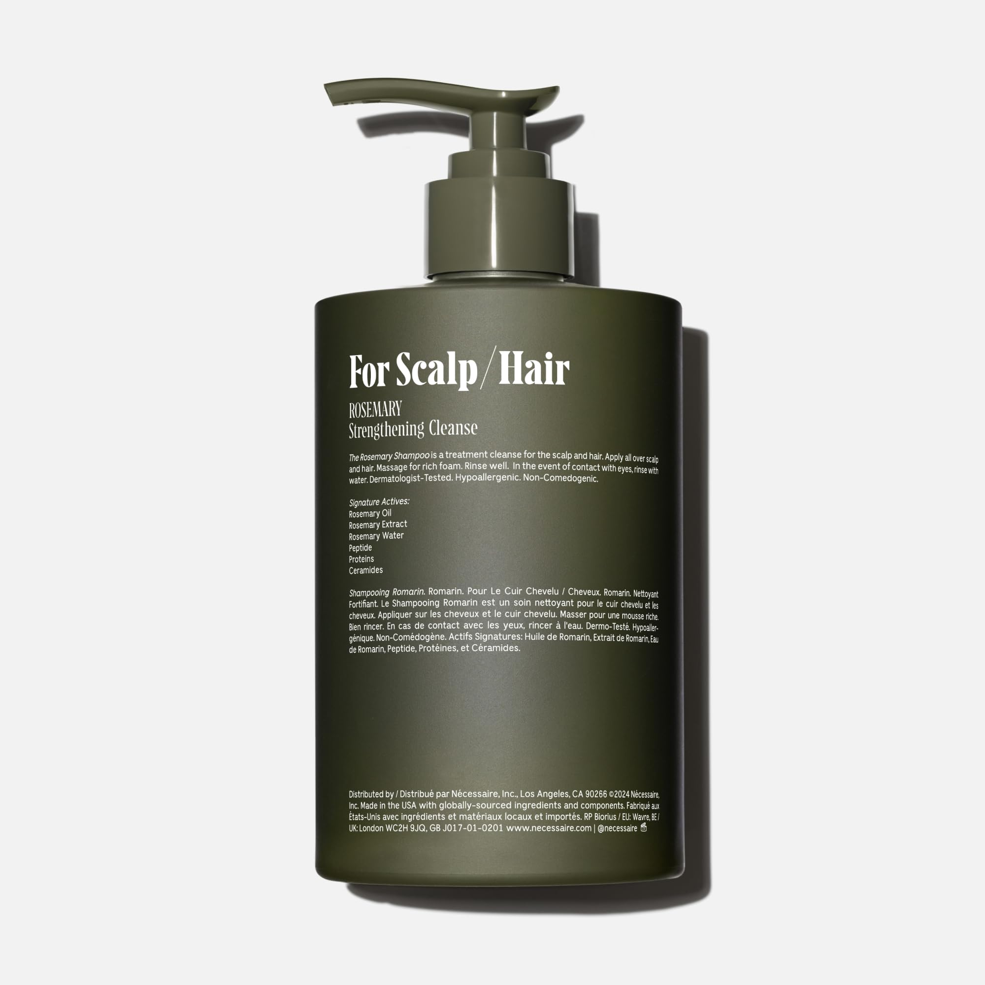 Nécessaire Rosemary Shampoo pump-action close-up showing easy daily use.