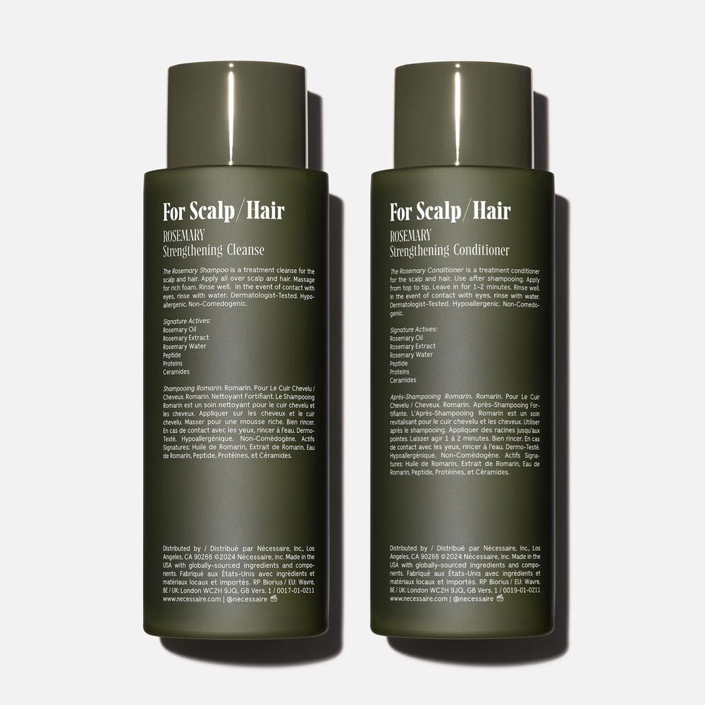 Nécessaire Rosemary Shampoo pump demonstrates easy, non-drying cleansing with rosemary aroma.