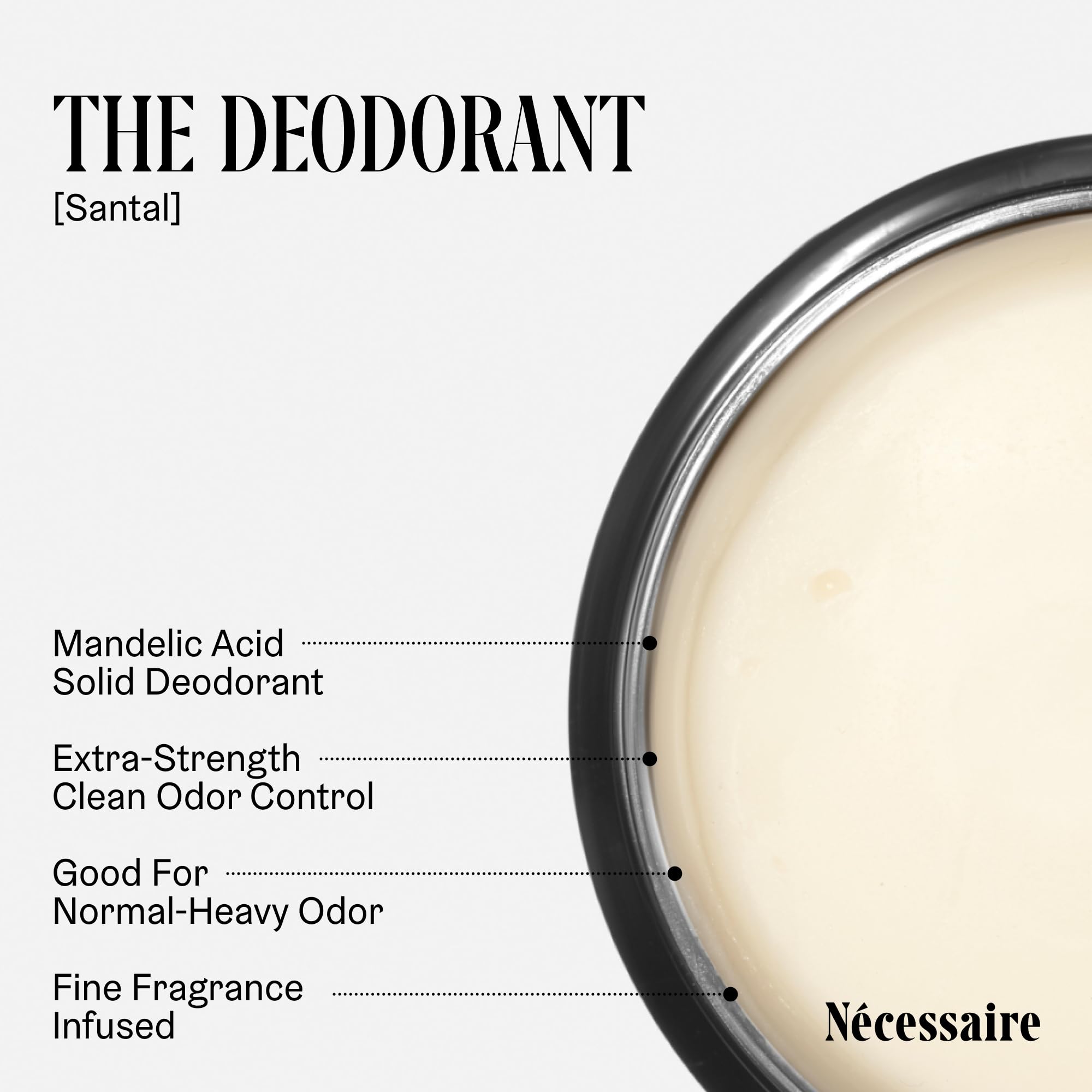 Close-up of Nécessaire Santal scent notes with woodsy profile and refined finish.