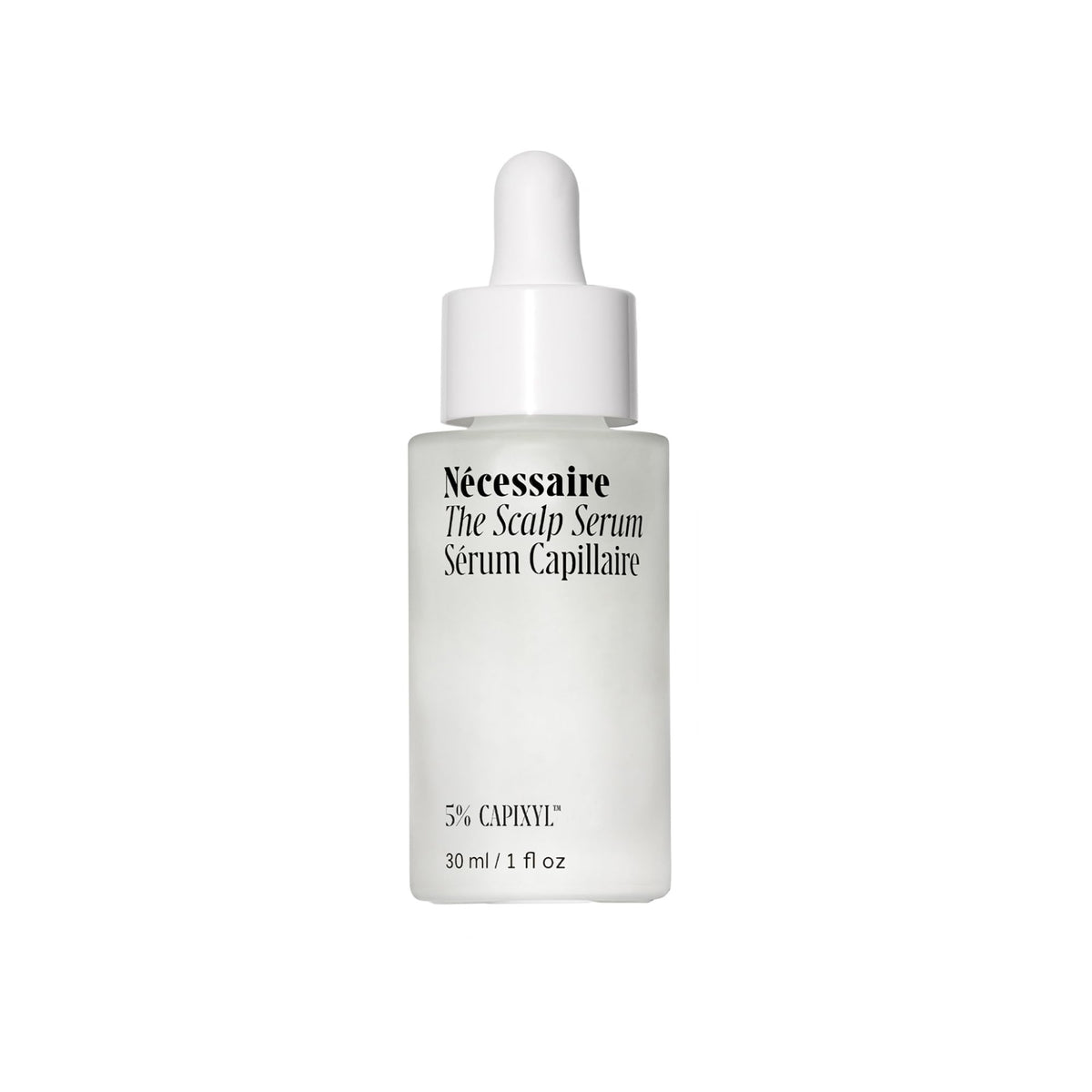 Nécessaire Scalp Serum bottle closeup showing fragrance-free, residue-free formula for daily use