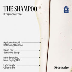 Nécessaire The Shampoo Mini foamy-texture emphasizes fragrance-free formula suited for color-treated hair.