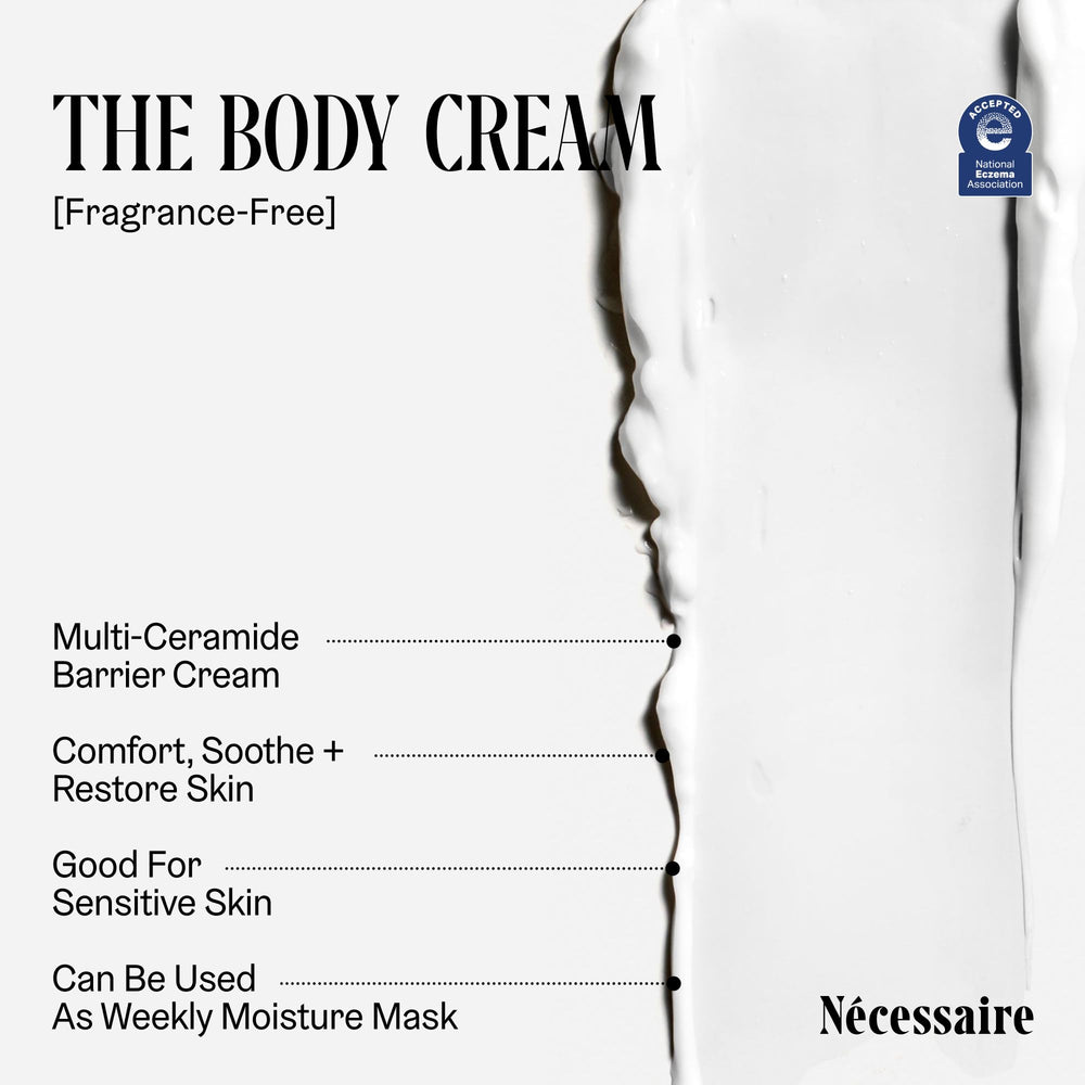Nécessaire The Body Cream texture scoop demonstrates rich, non-greasy moisturization.