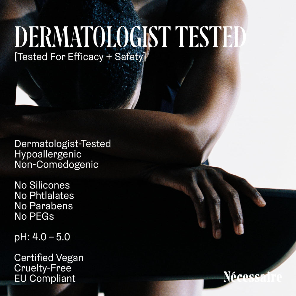 Nécessaire The Body dermatologist seal image reinforces tested, non-comedogenic properties.
