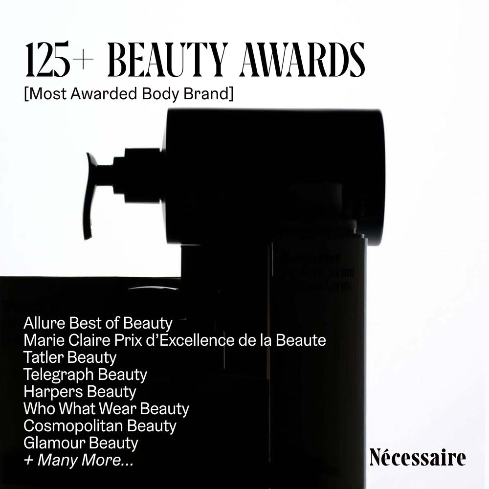 Nécessaire The Body Oil packaging detail emphasizes premium design and shelf appeal.