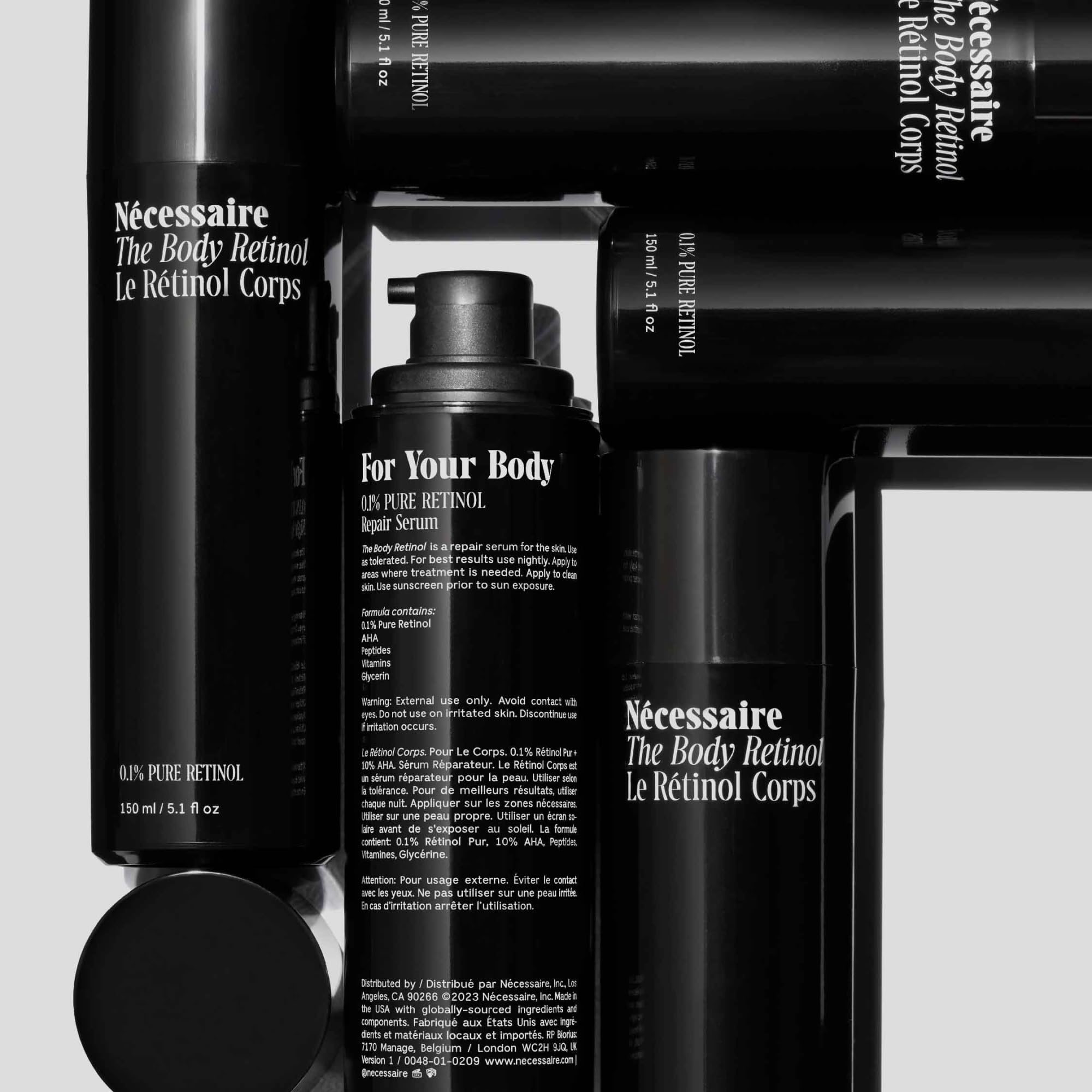 Nécessaire The Body Retinol lotion bottle demonstrates fragrance-free hydration.