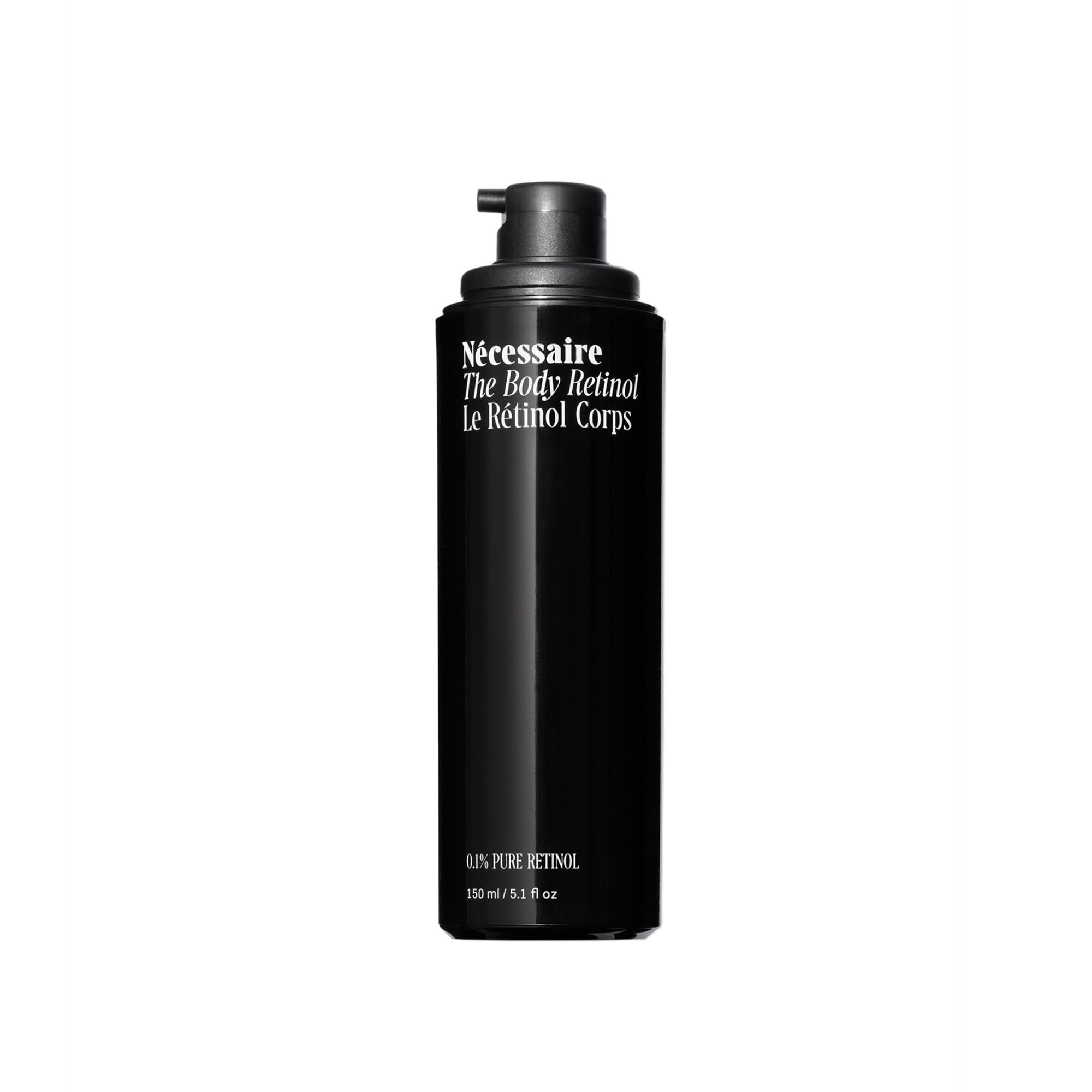 Nécessaire The Body Retinol serum bottle pour promotes smooth, even skin texture at night.