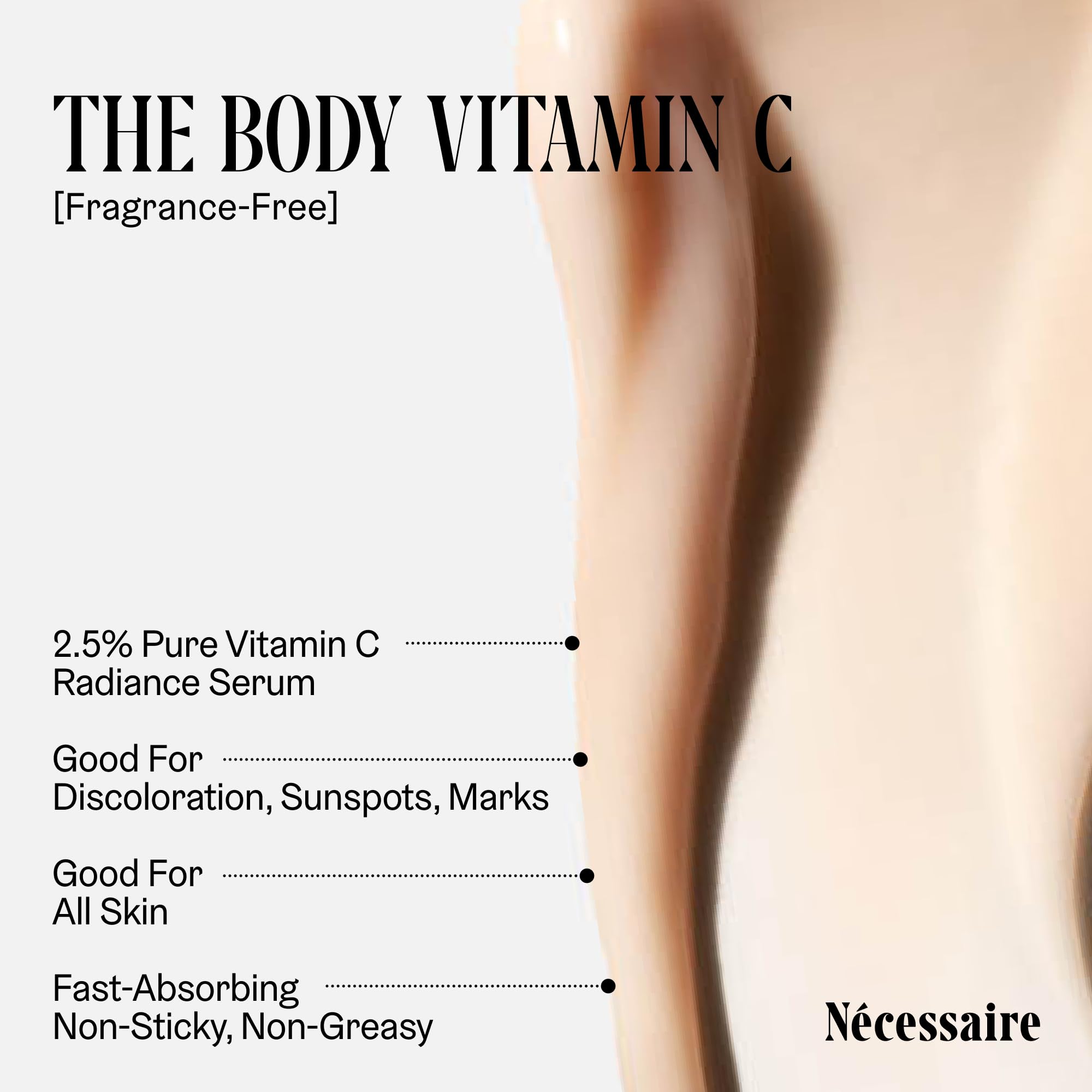 Nécessaire The Body Vitamin C Serum close-up label shows fragrance-free formula for sensitive skin