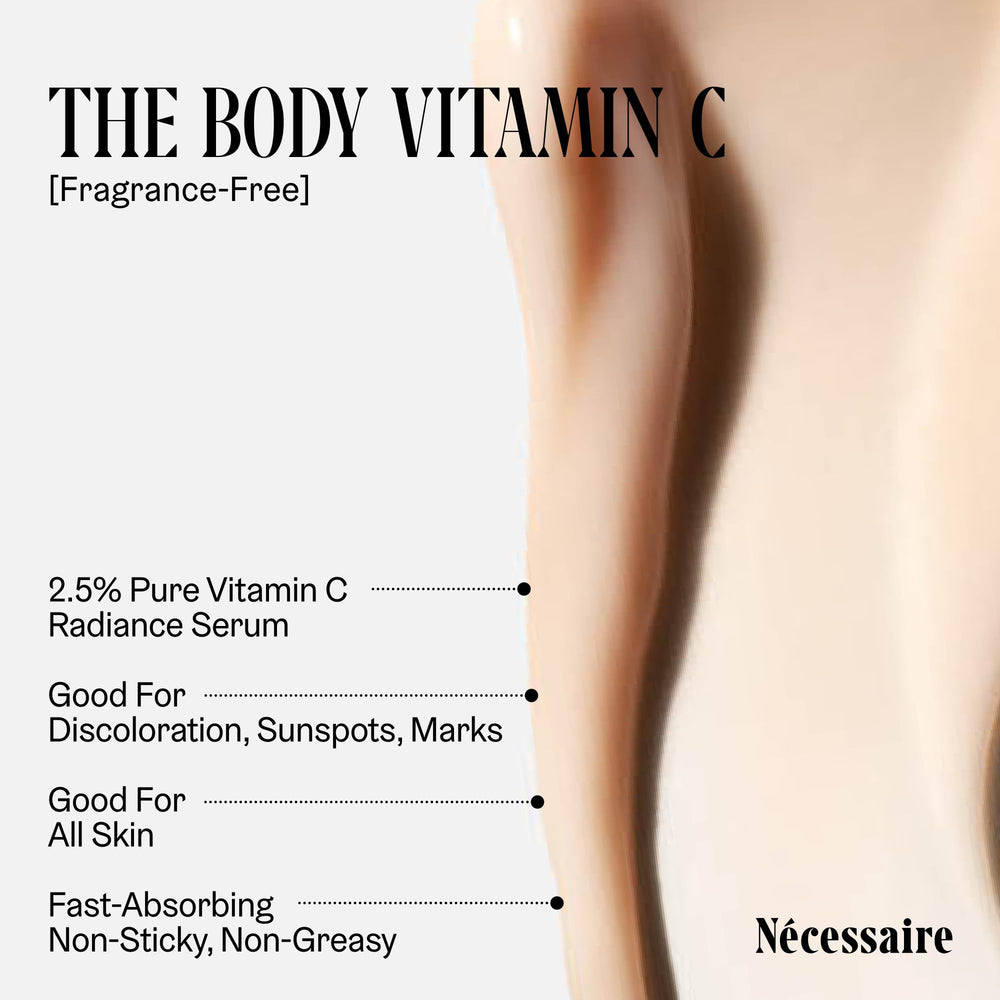 Nécessaire The Body Vitamin C Serum close-up label shows fragrance-free formula for sensitive skin