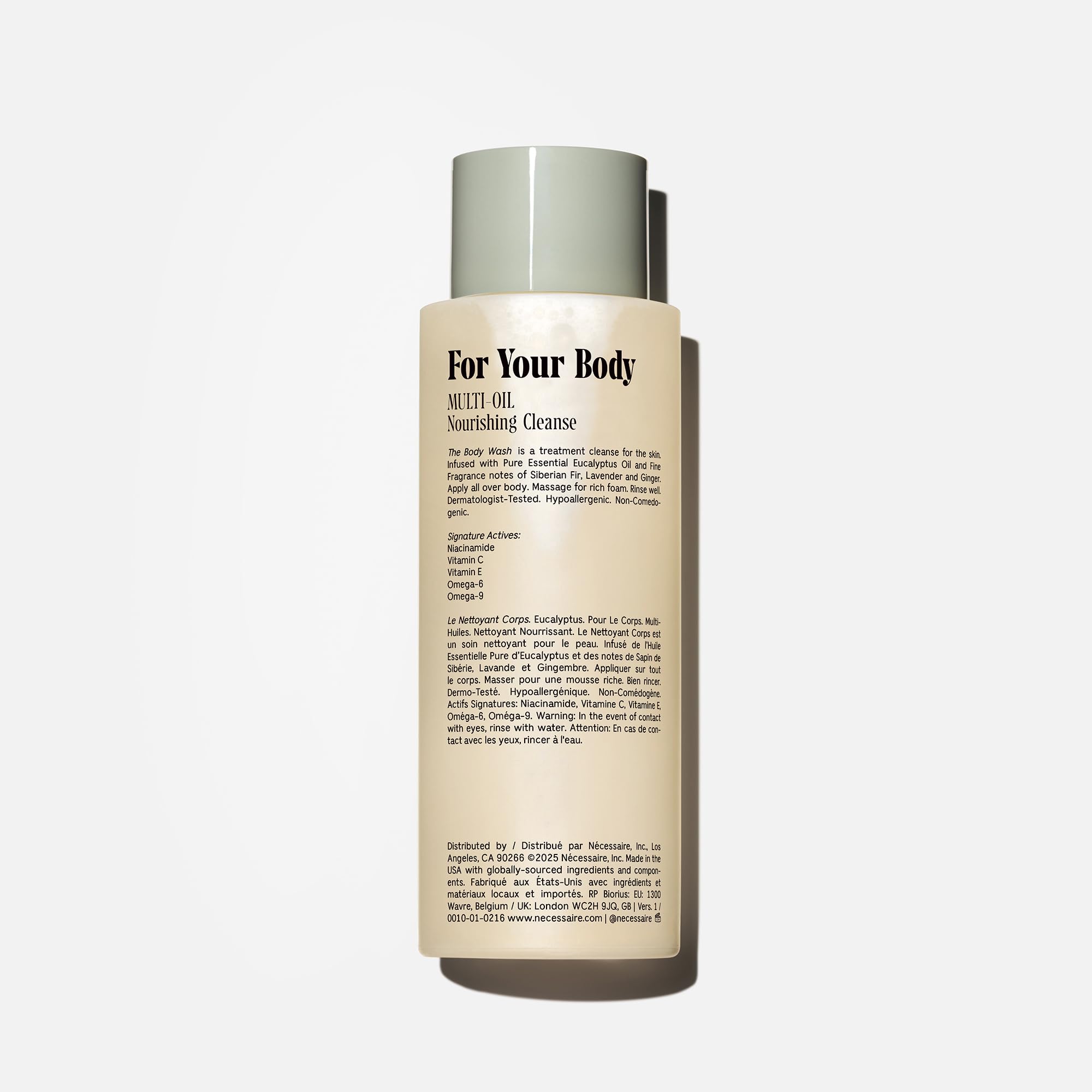 Nécessaire The Body Wash Eucalyptus bottle shows fragrance notes of eucalyptus fir lavender and ginger.