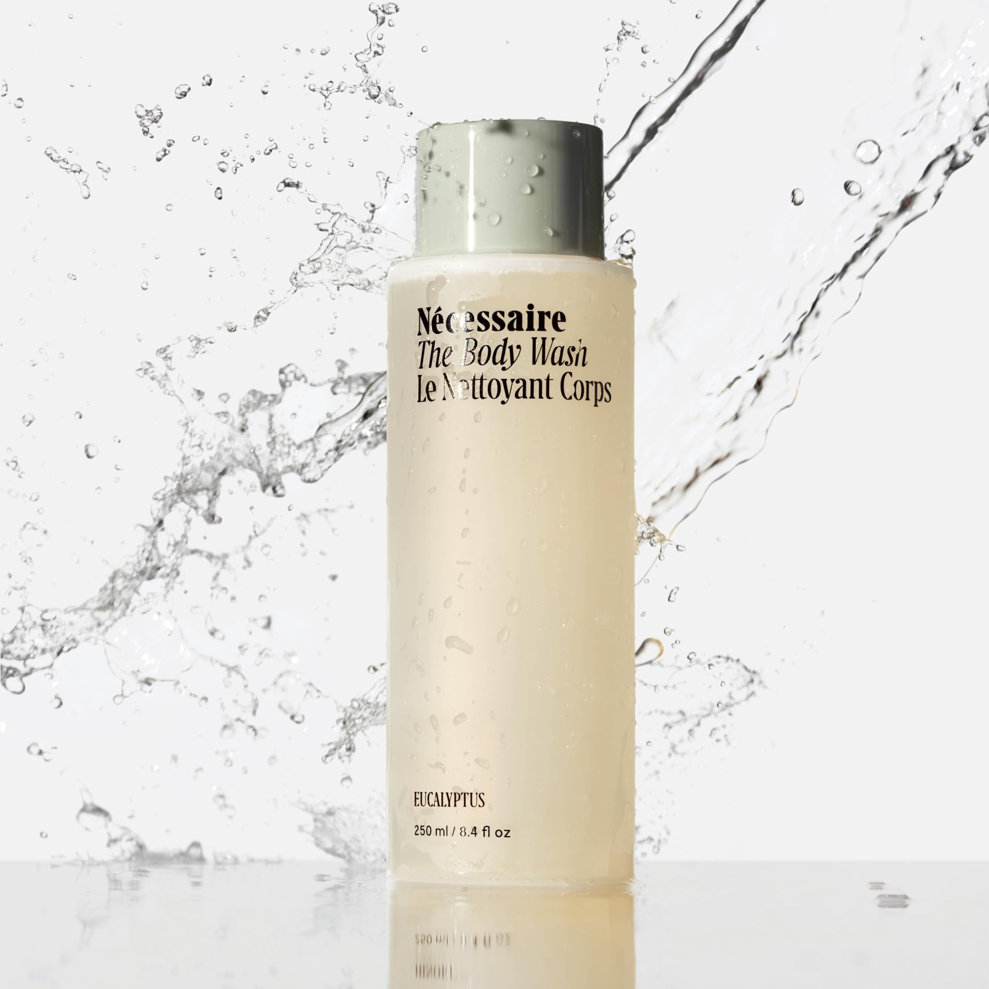 Close-up of Nécessaire The Body Wash Eucalyptus ingredients with niacinamide and vitamins for skin support.