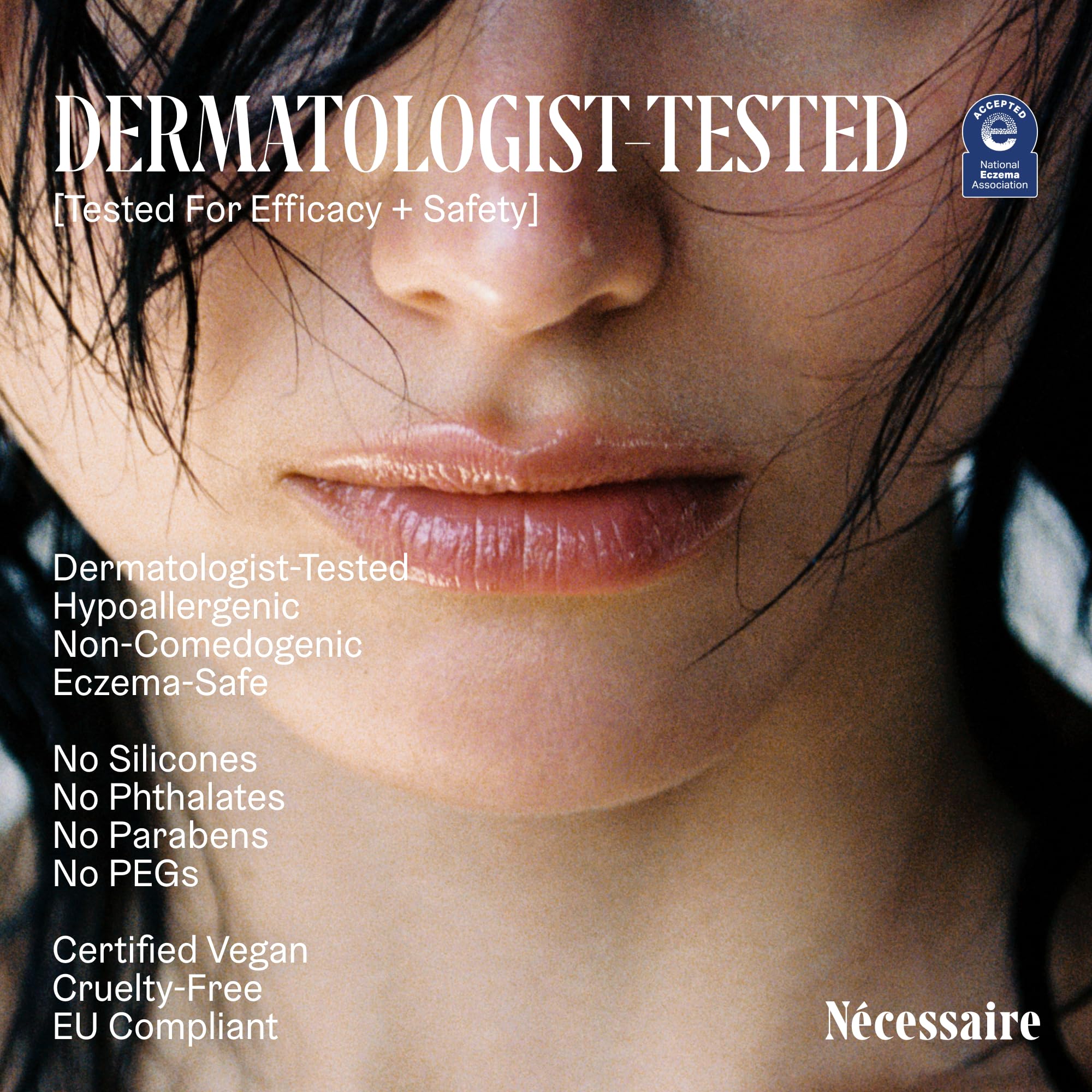 Nécessaire The Lip Balm hyaluronic acid depiction emphasizes deep hydration for dry lips.